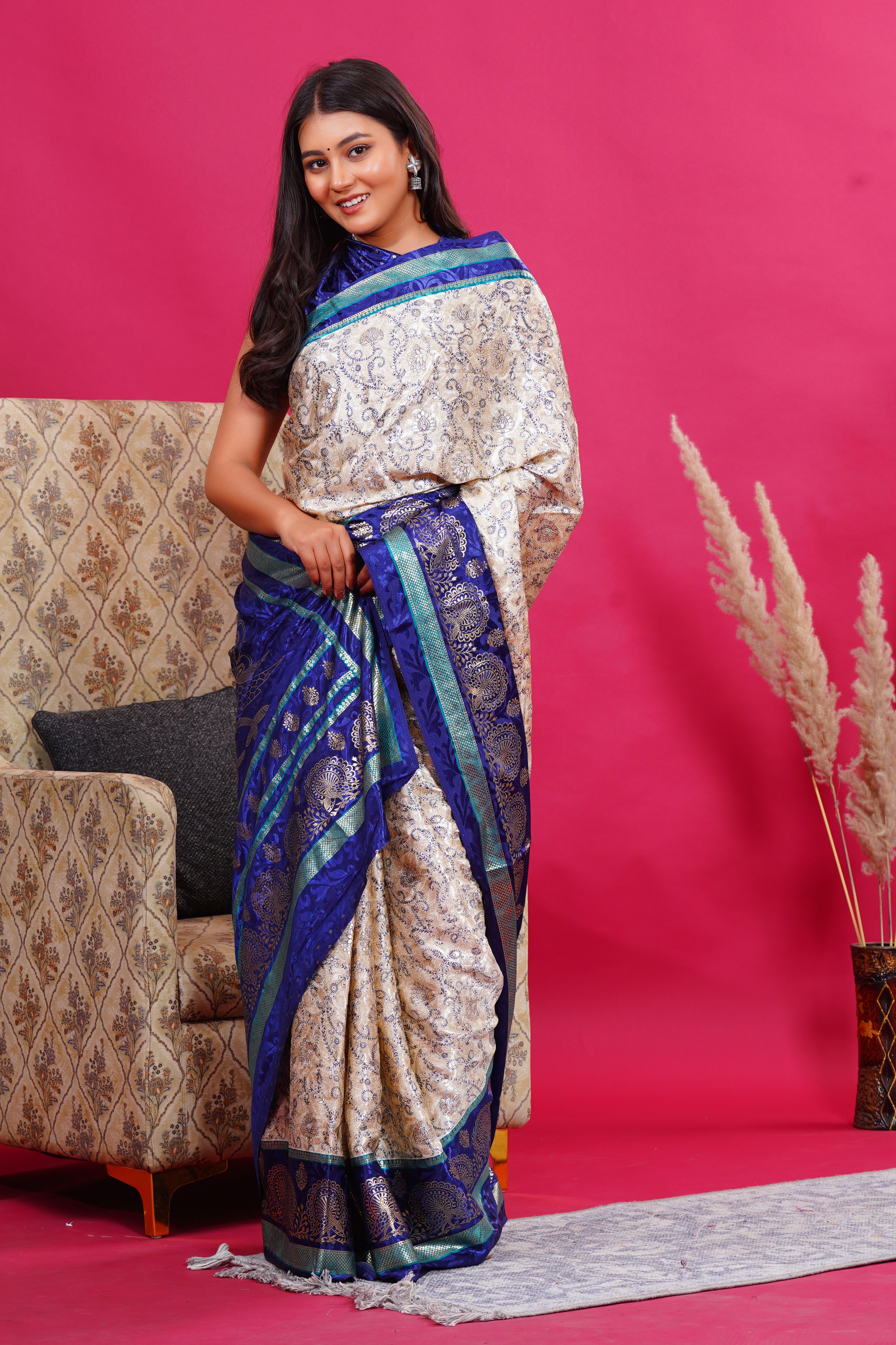Blue Golden Flower Peacock Silk Saree