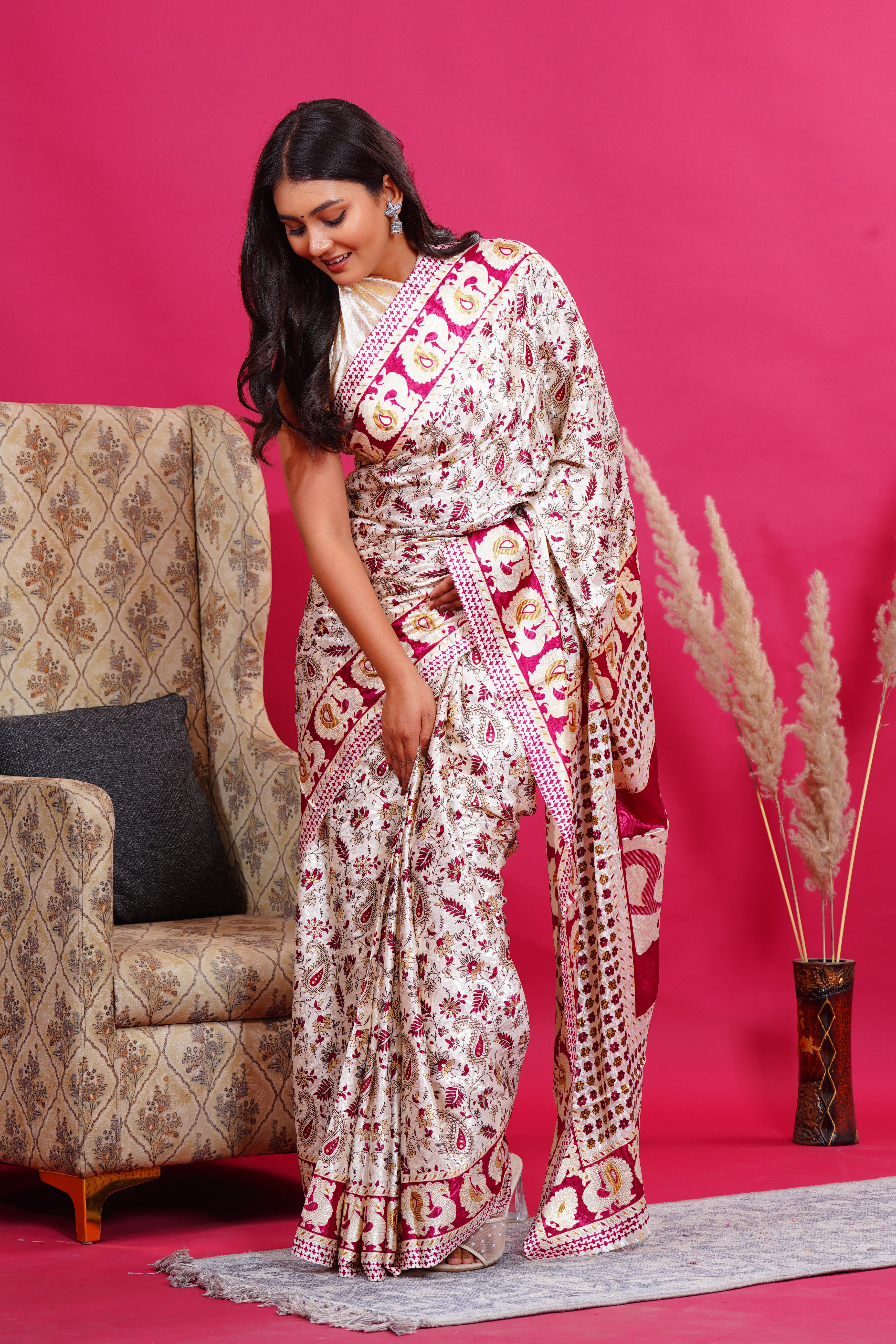 Pink Golden Floral Peacock Silk Saree