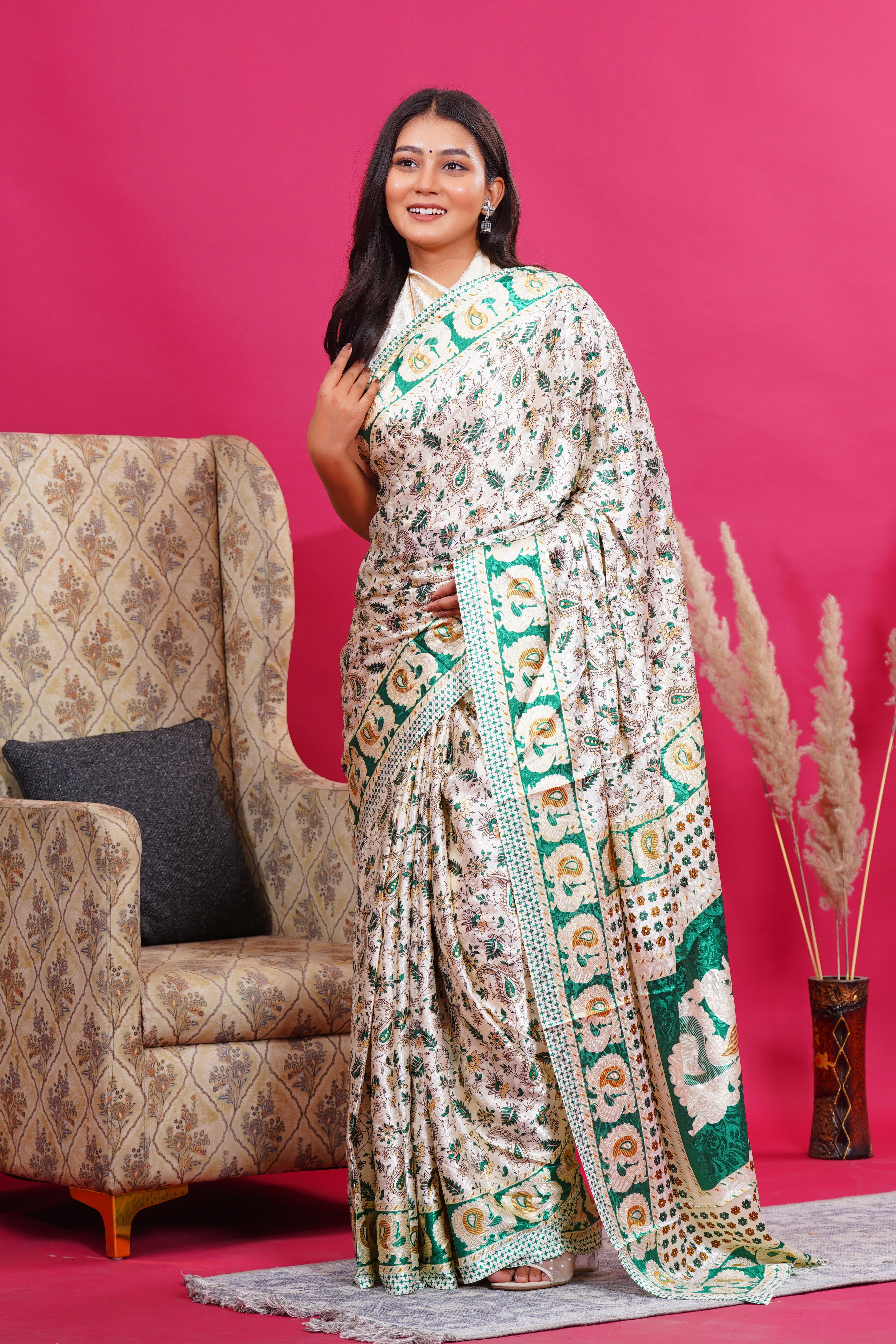 Green Golden Floral Peacock Silk Saree