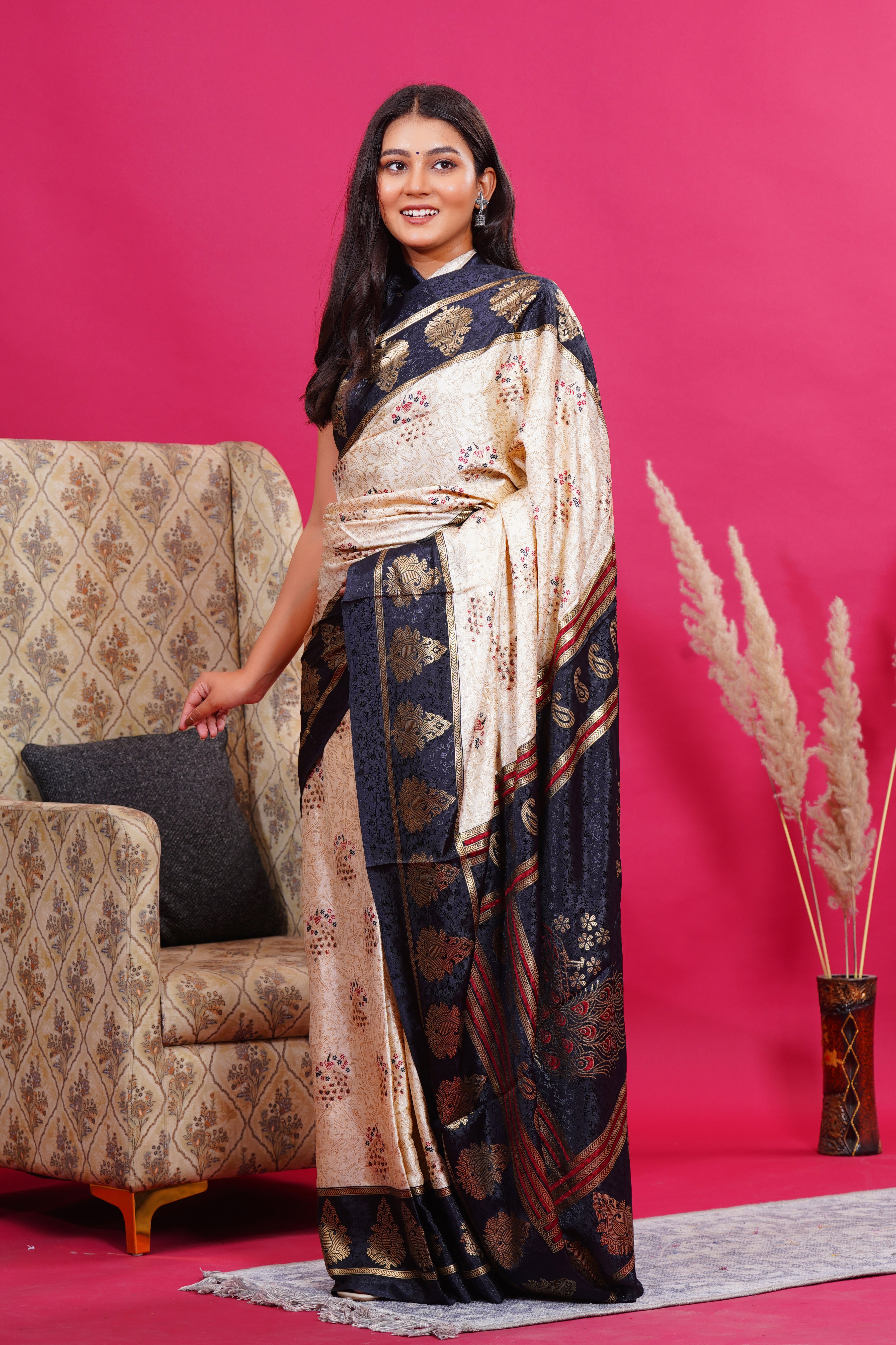 Black Golden Kalash Peacock Silk Saree