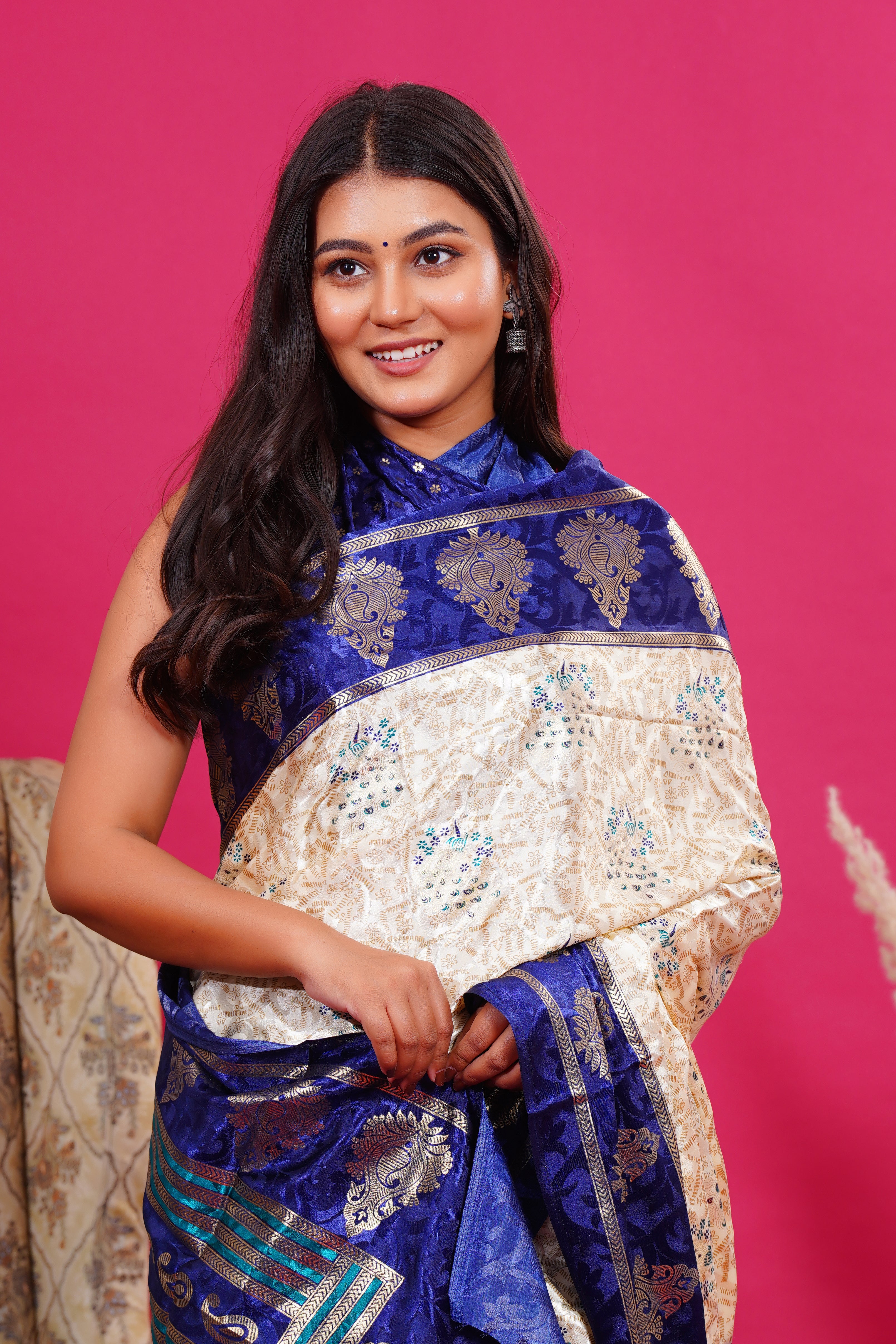 Blue Golden Kalash Peacock Silk Saree