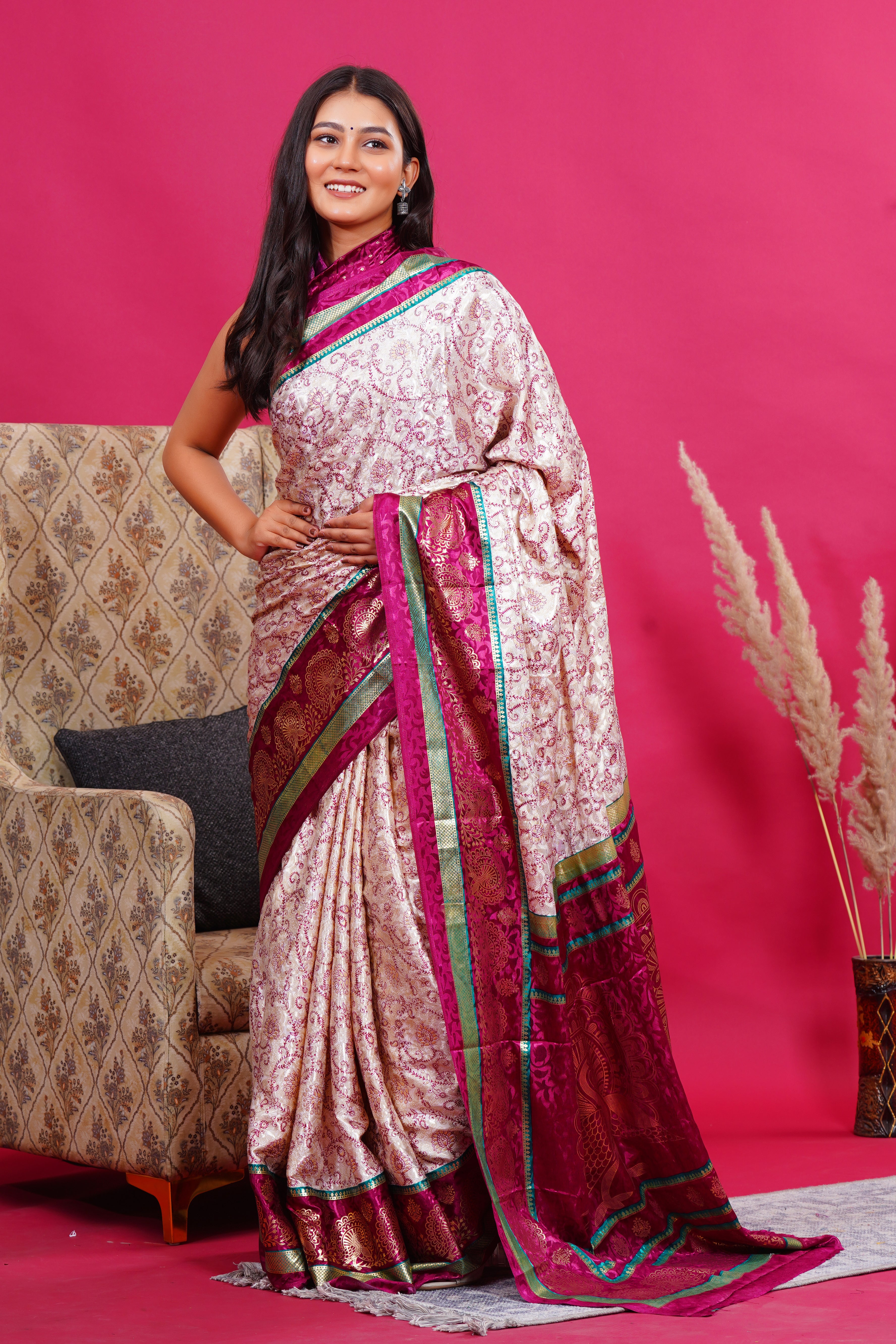 Purple Golden Flower Peacock Silk Saree