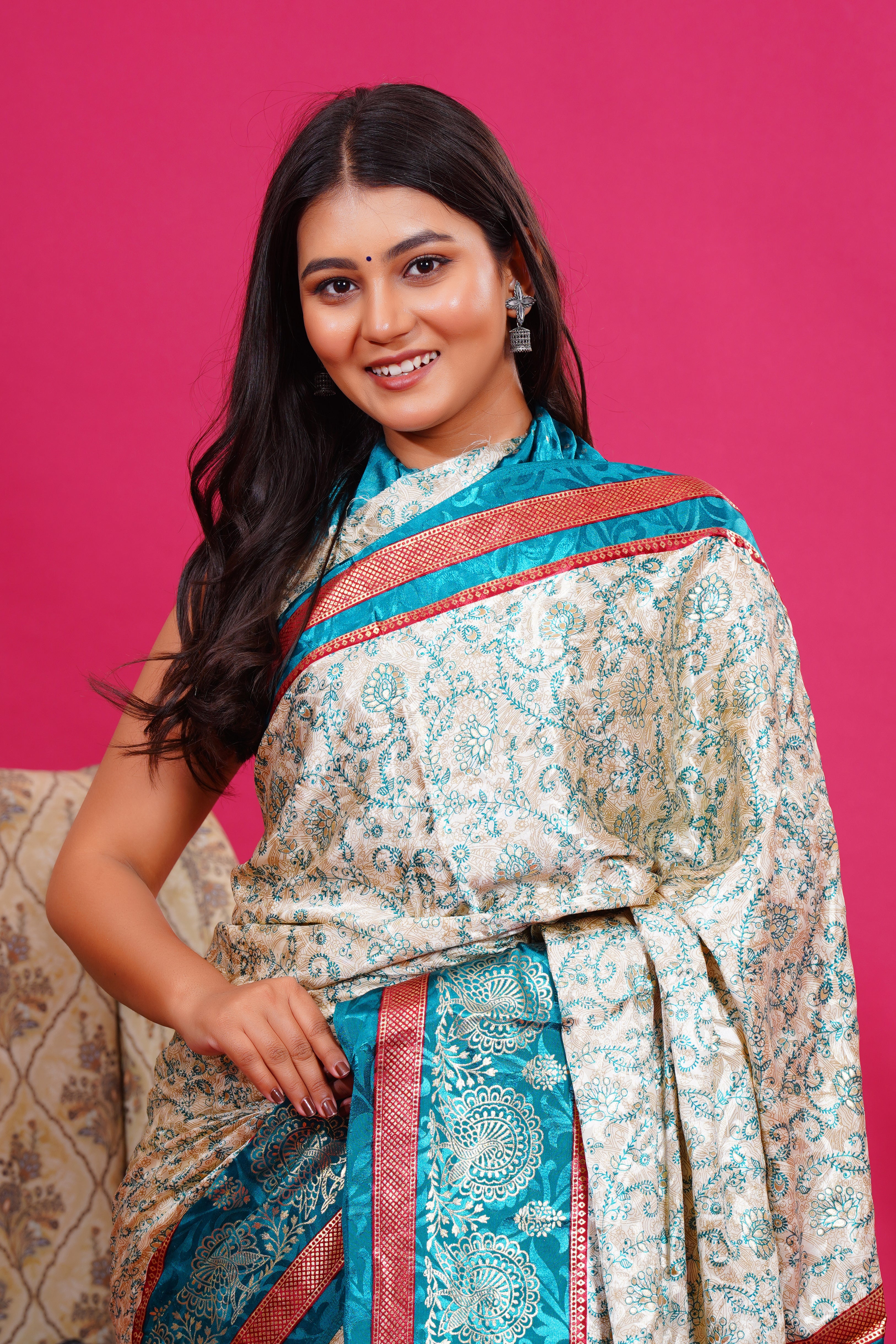 Green Golden Flower Peacock Silk Saree