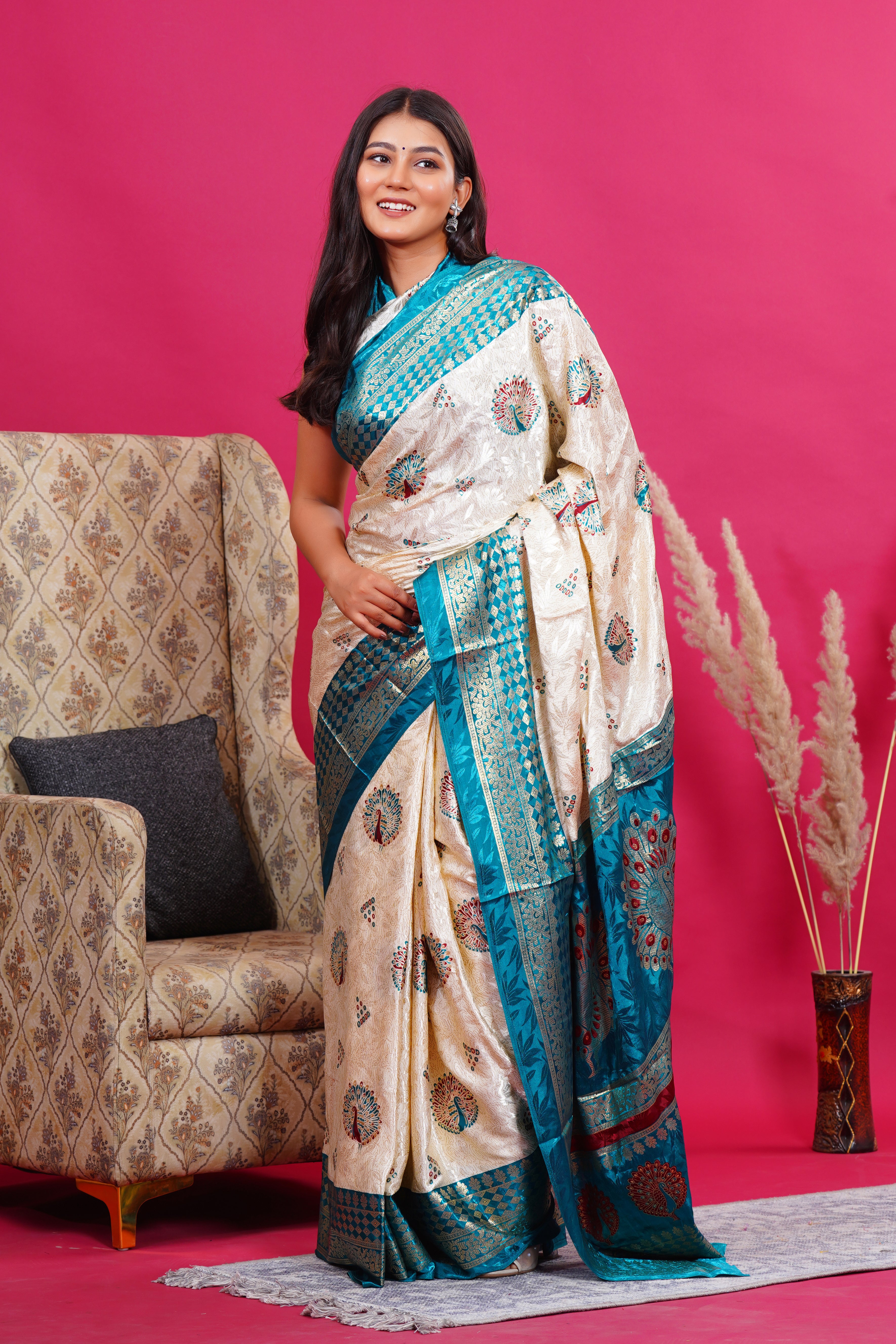 Green Golden Peacock Silk Saree