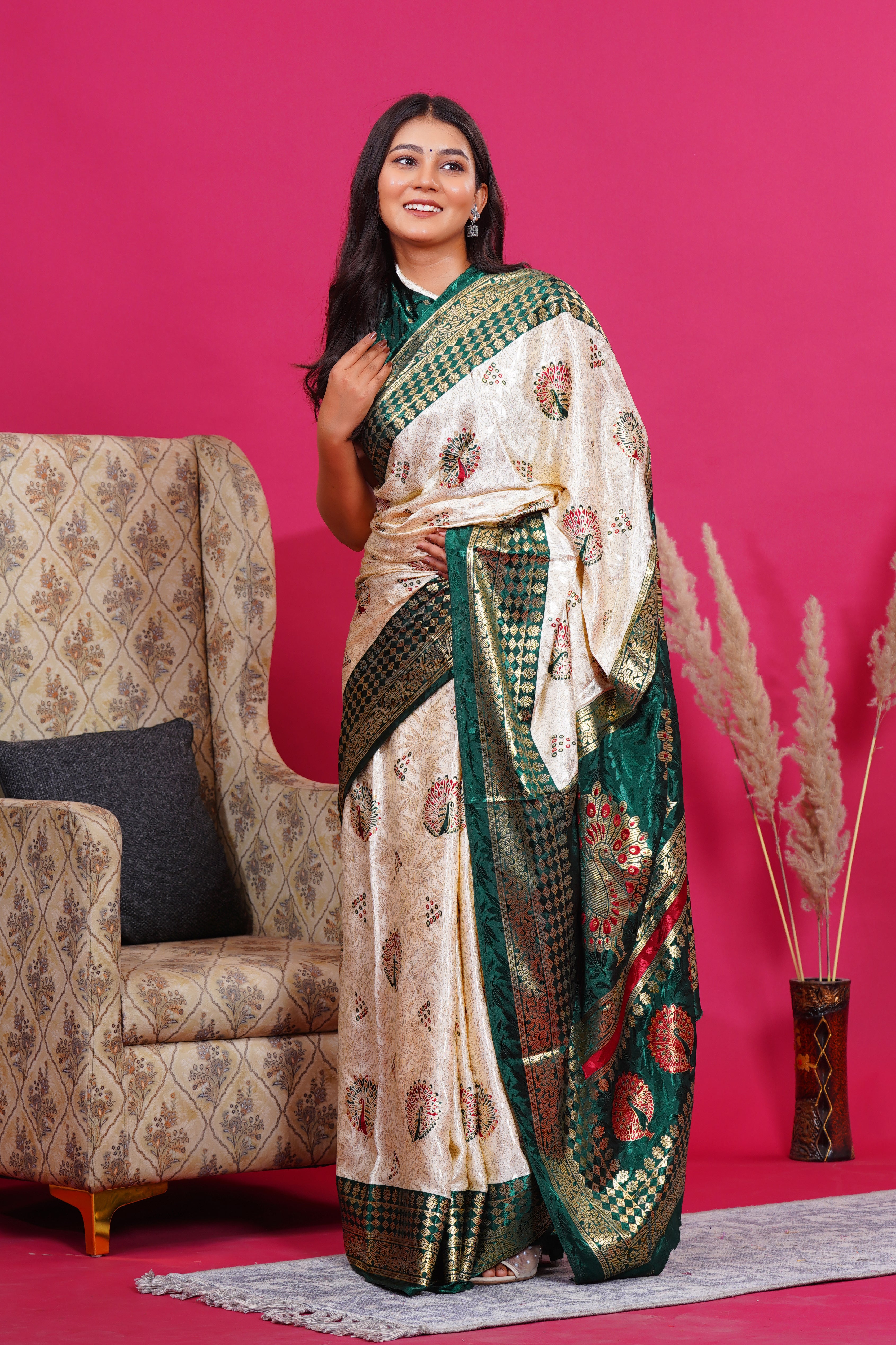 Dark Green Golden Peacock Silk Saree