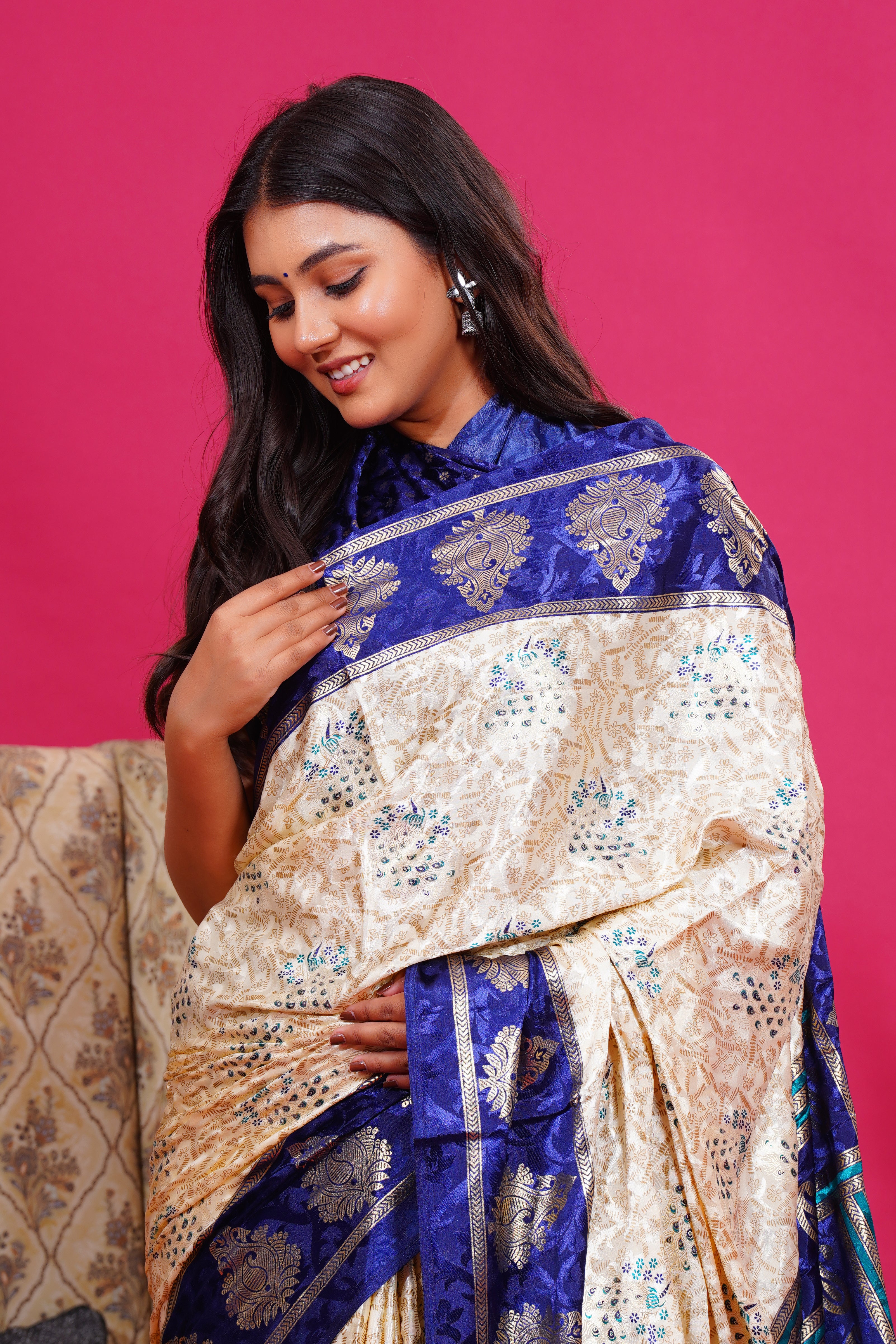 Blue Golden Kalash Peacock Silk Saree