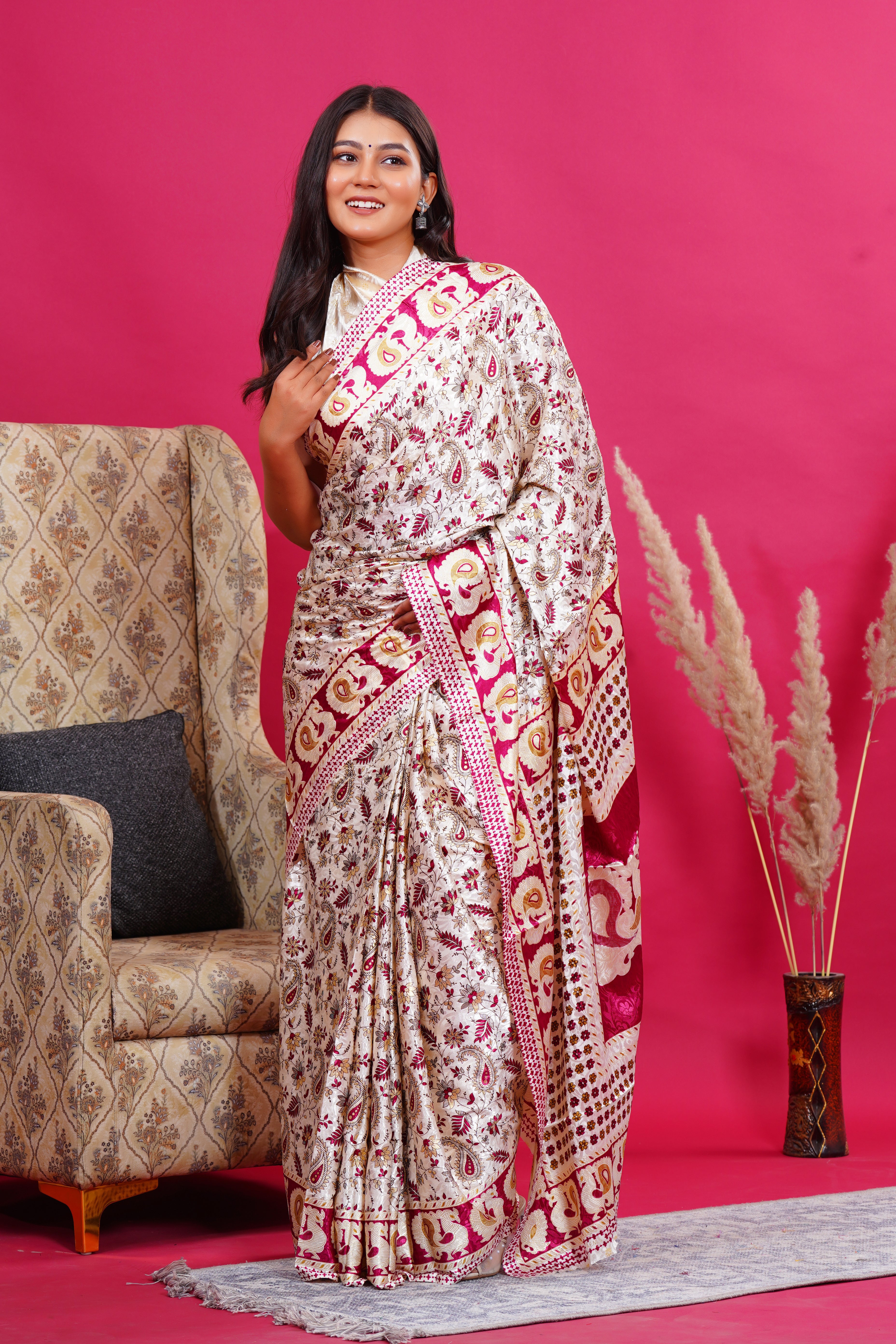Pink Golden Floral Peacock Silk Saree