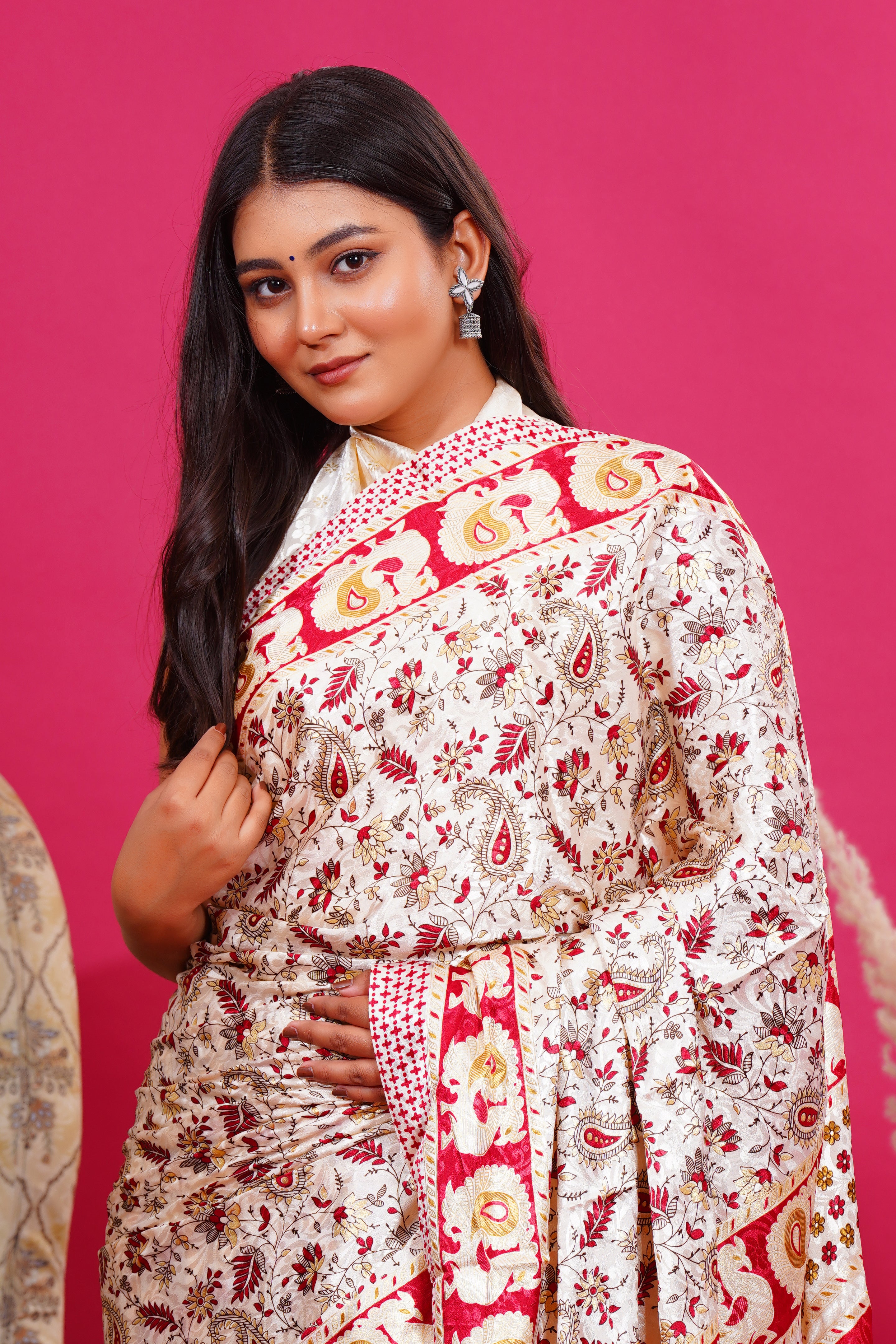 Maroon Golden Floral Peacock Silk Saree