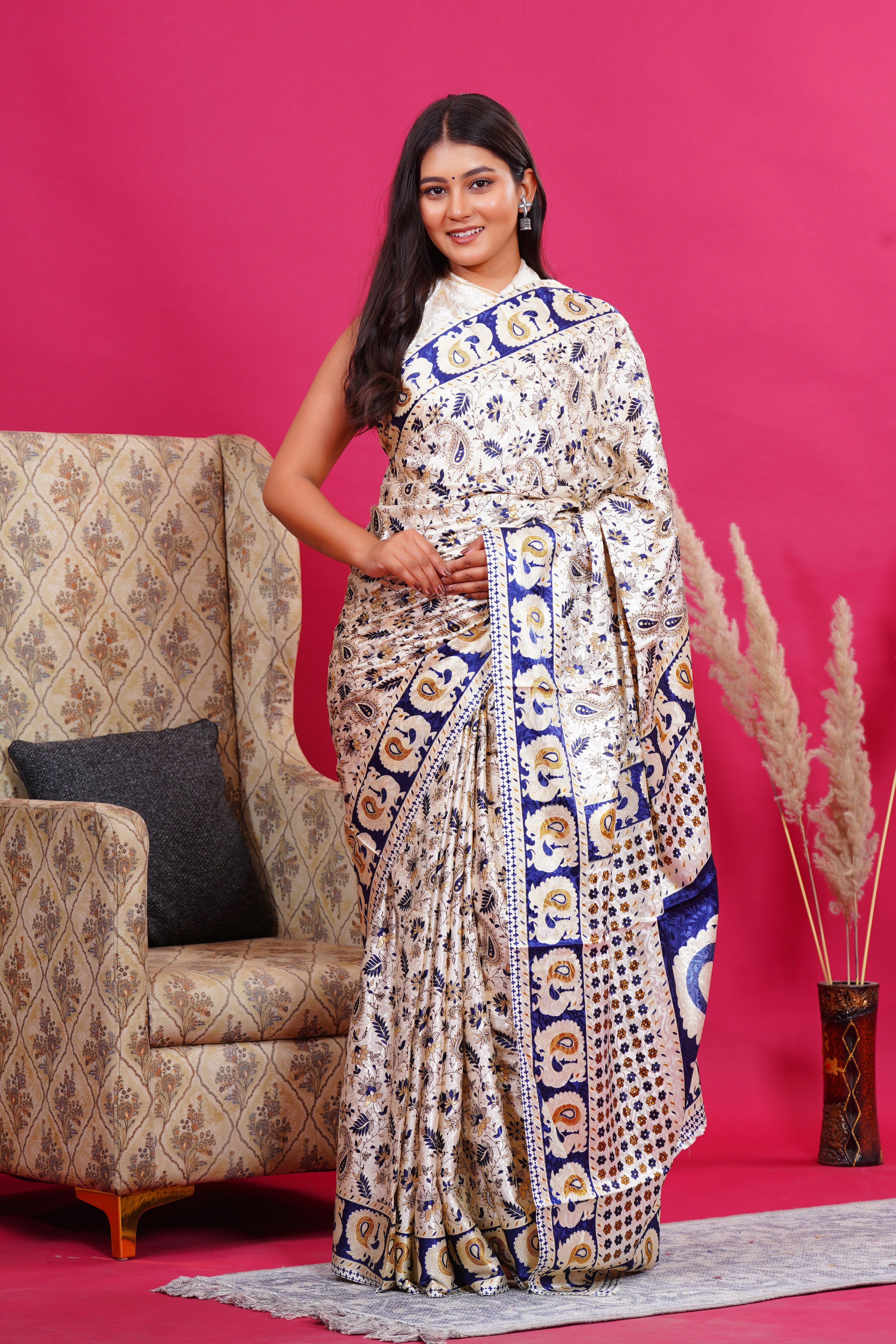 Blue Golden Floral Peacock Silk Saree