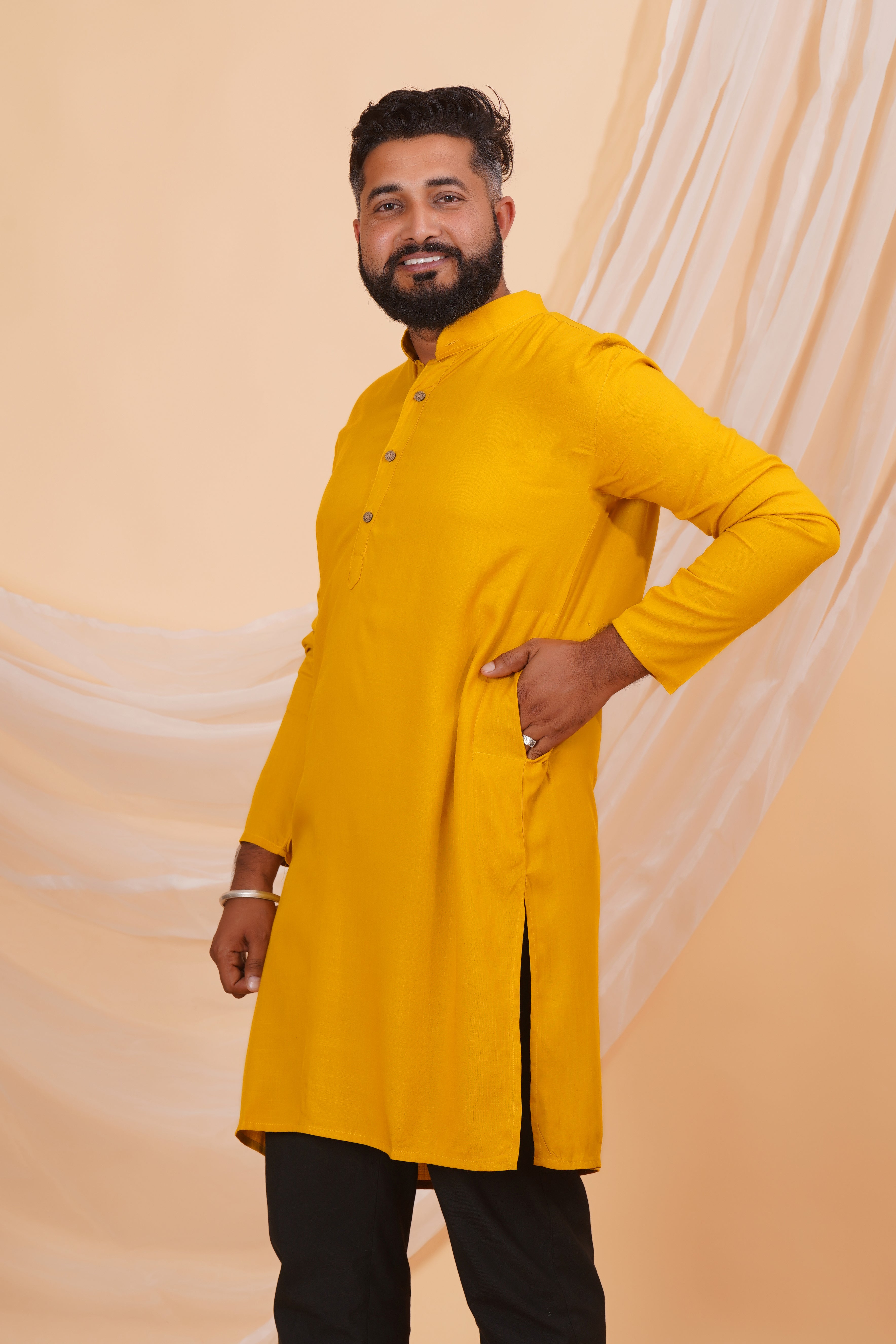 Mustard Long Rayon Slub Solid Men's Kurta