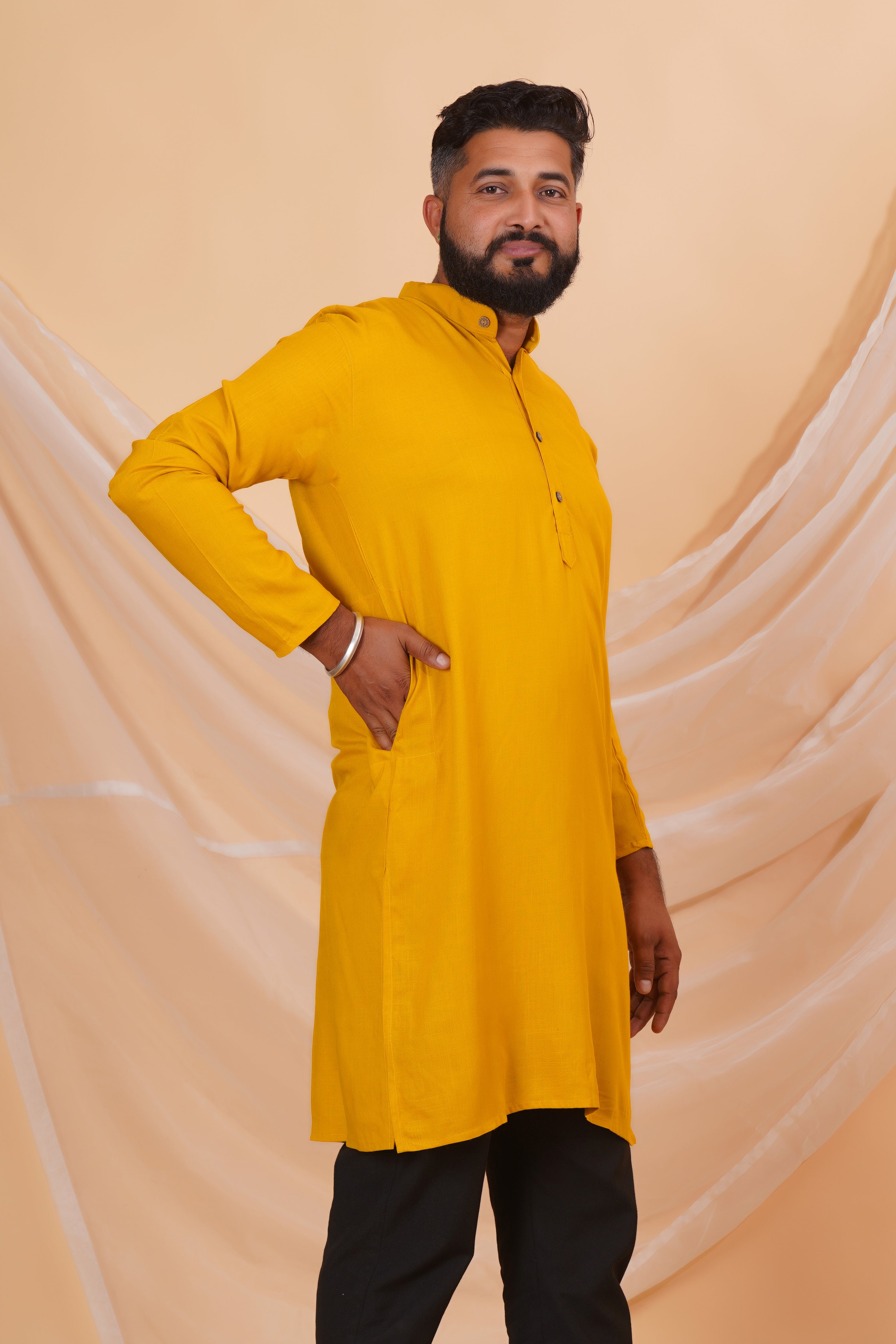 Mustard Long Rayon Slub Solid Men's Kurta