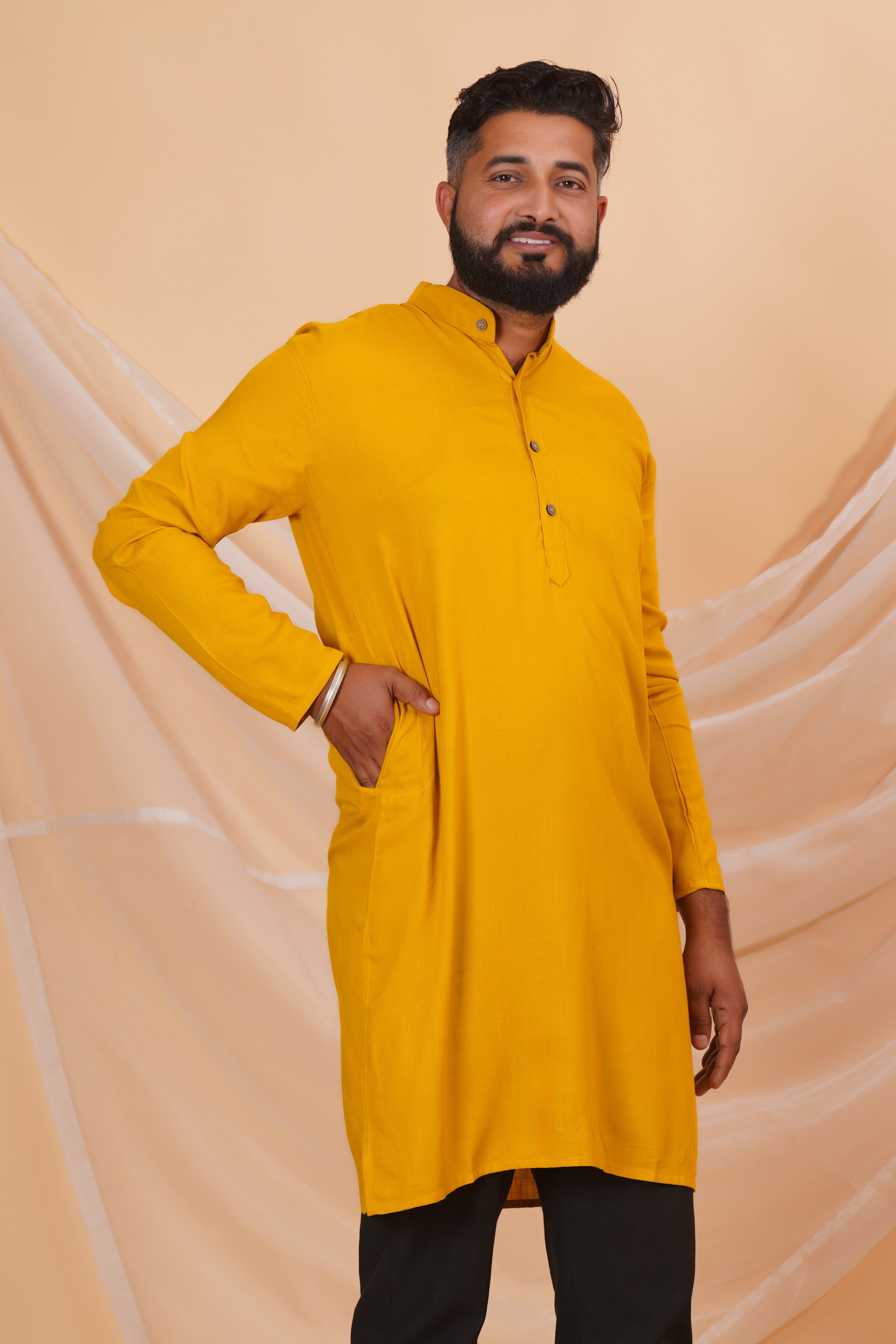 Mustard Long Rayon Slub Solid Men's Kurta