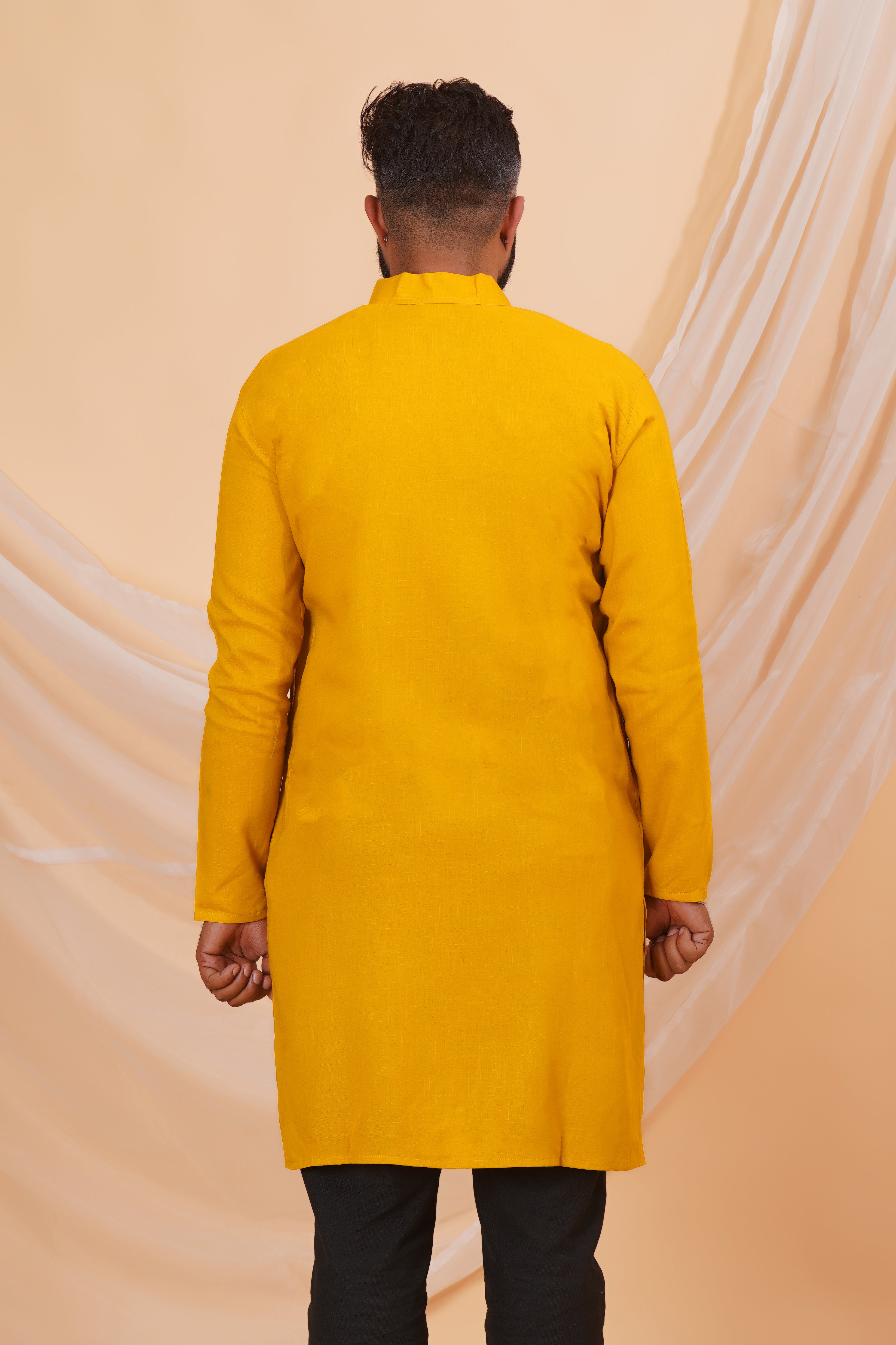 Mustard Long Rayon Slub Solid Men's Kurta