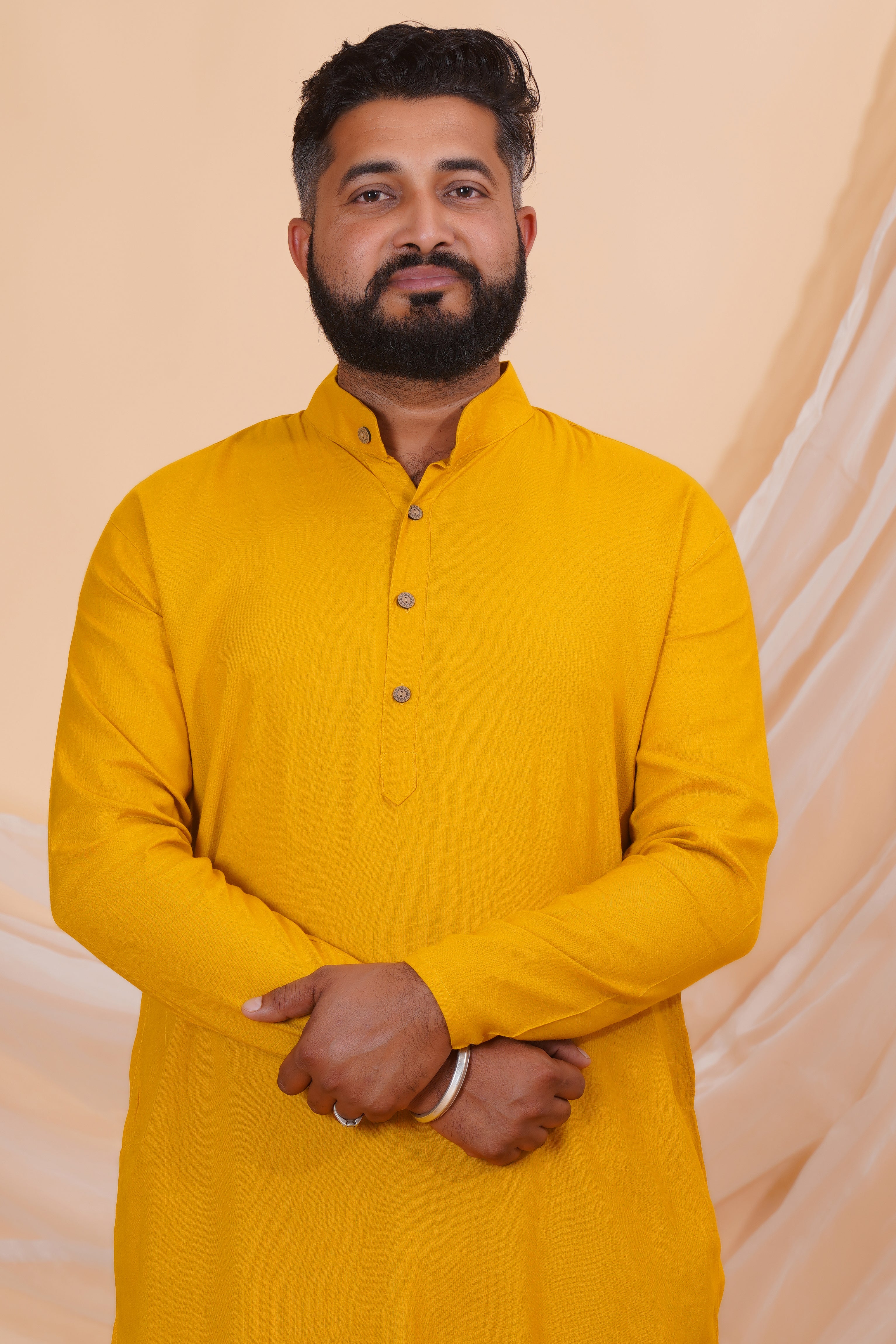 Mustard Long Rayon Slub Solid Men's Kurta
