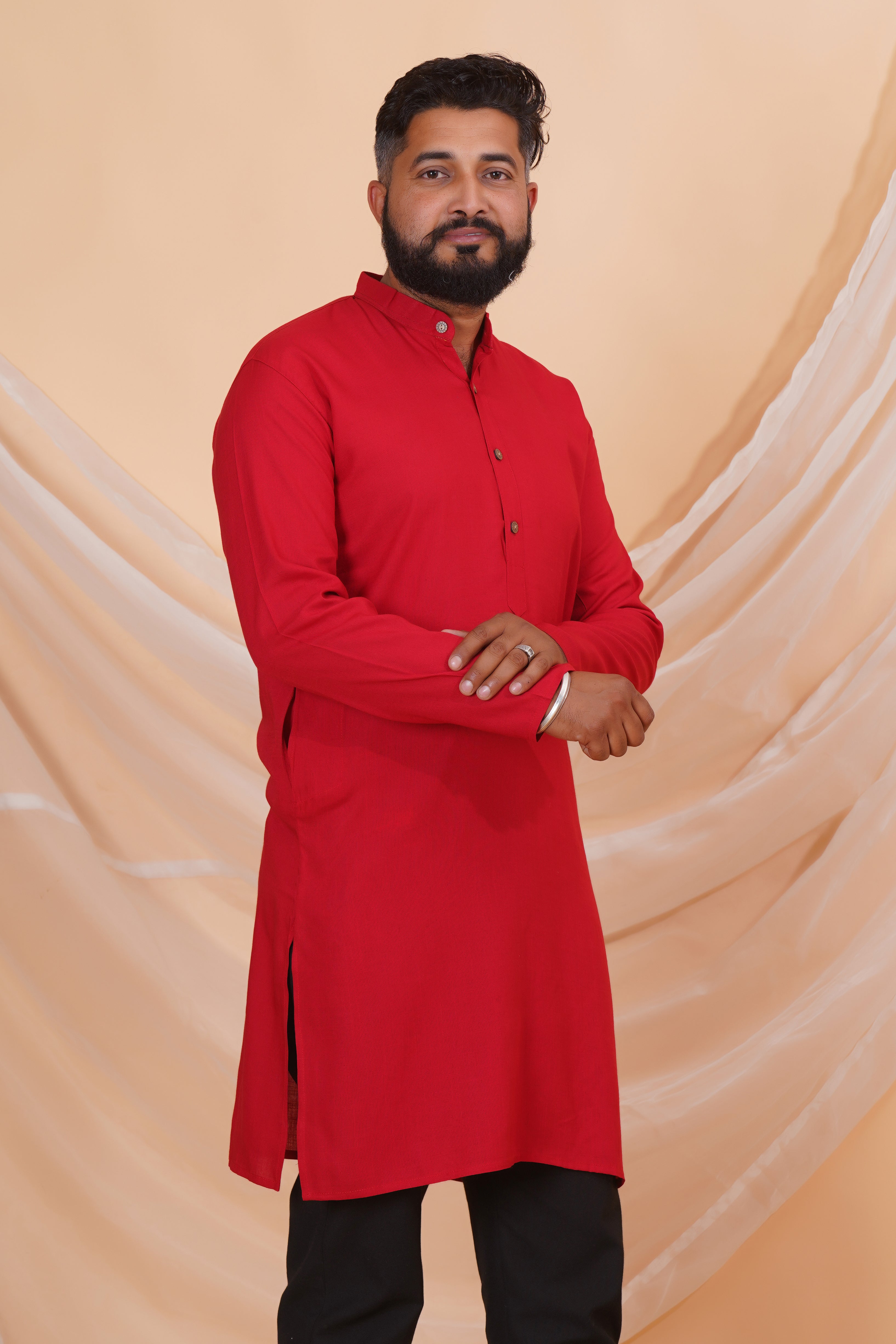 Maroon Long Rayon Slub Solid Men's Ethnic Wear Kurta