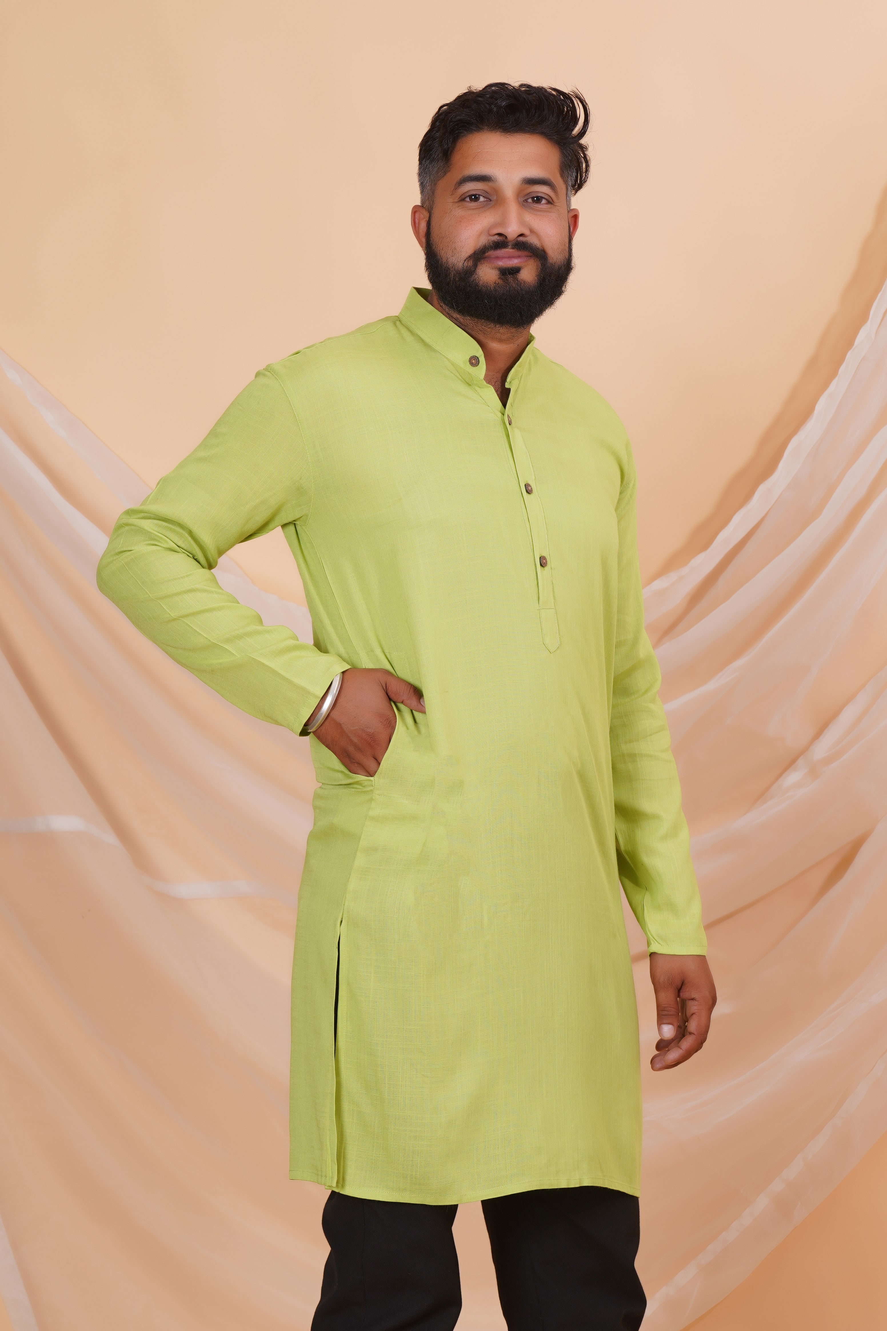 Pista Long Rayon Slub Solid Men's Kurta