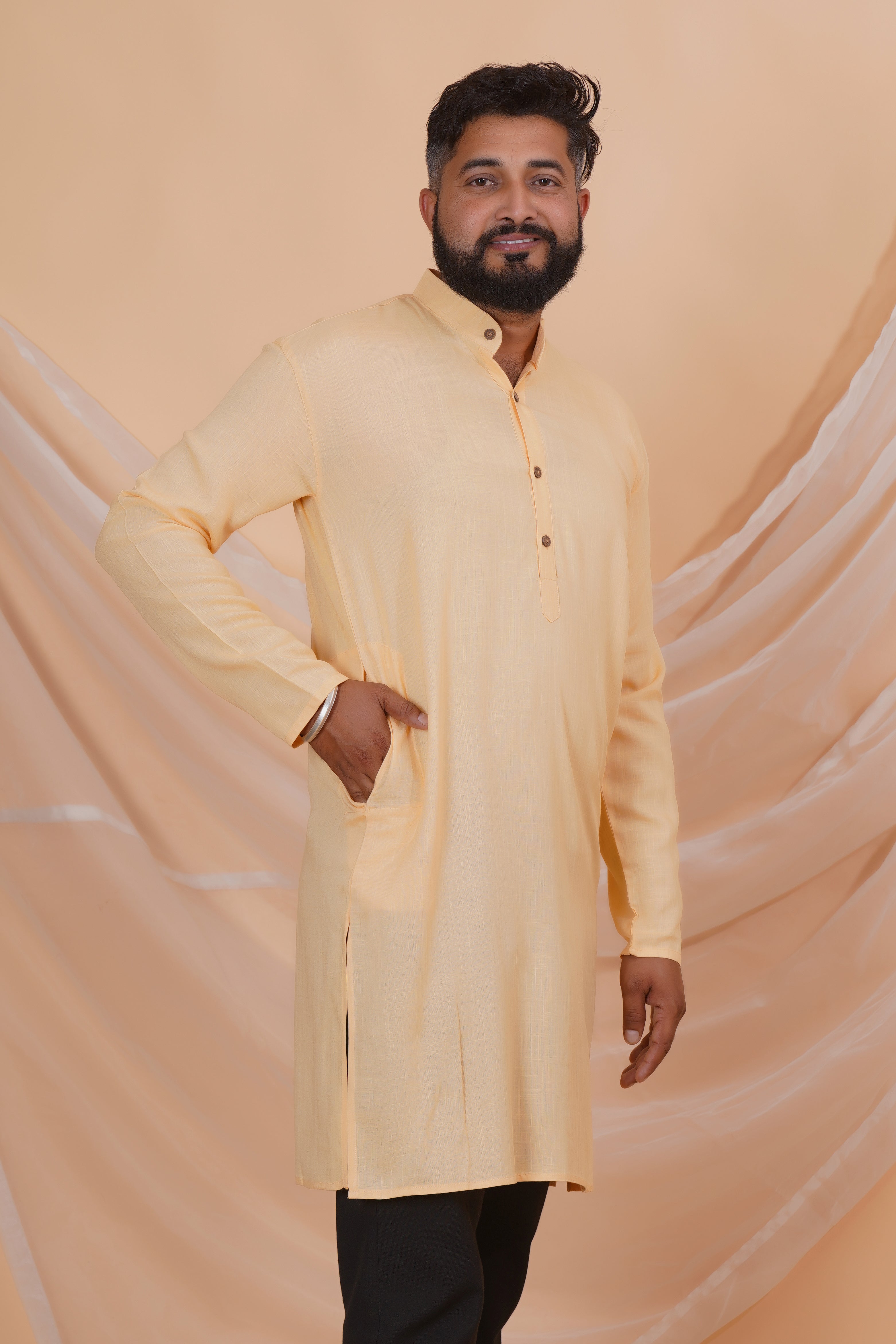 Beige Long Rayon Slub Solid Men's Kurta