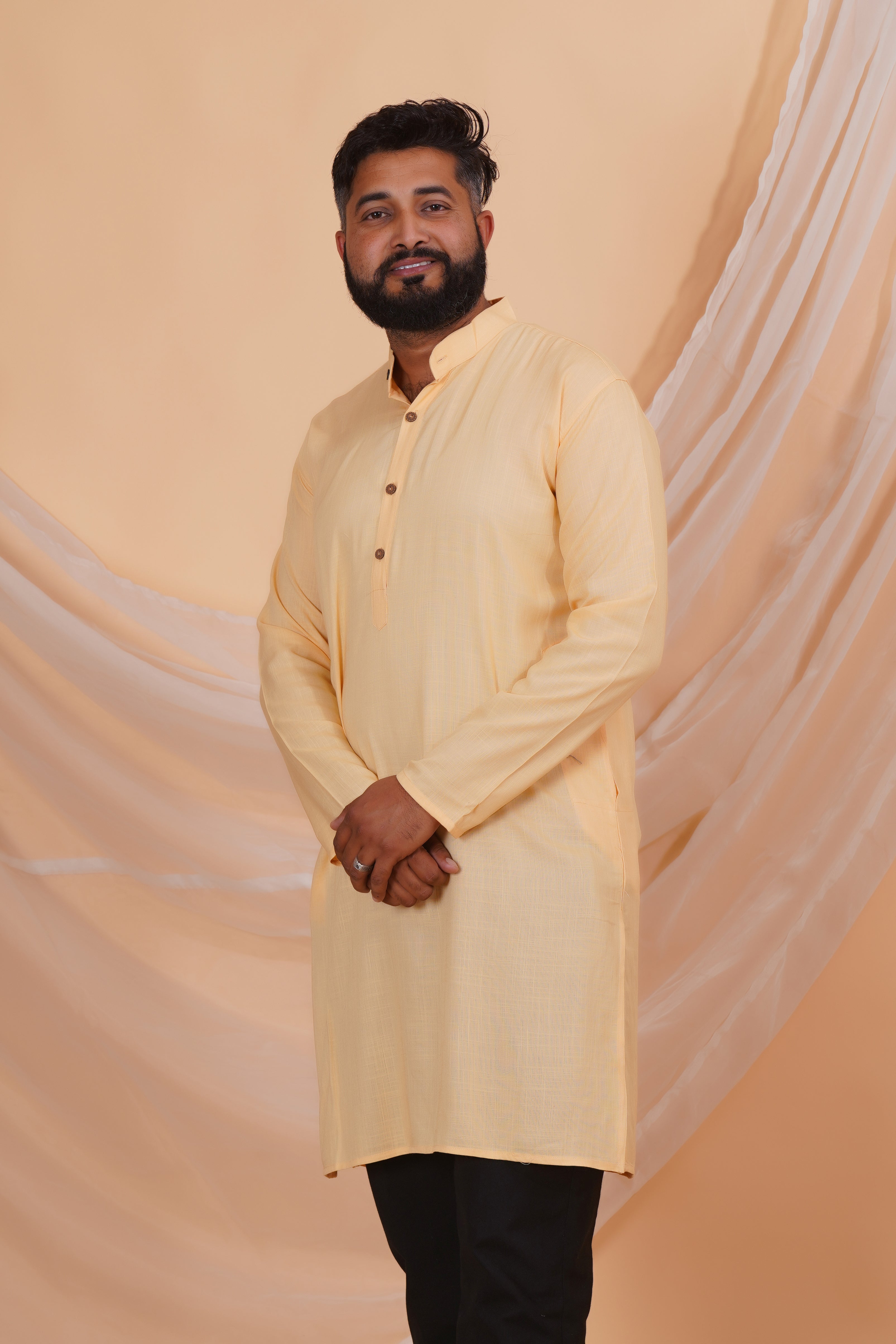 Beige Long Rayon Slub Solid Men's Kurta