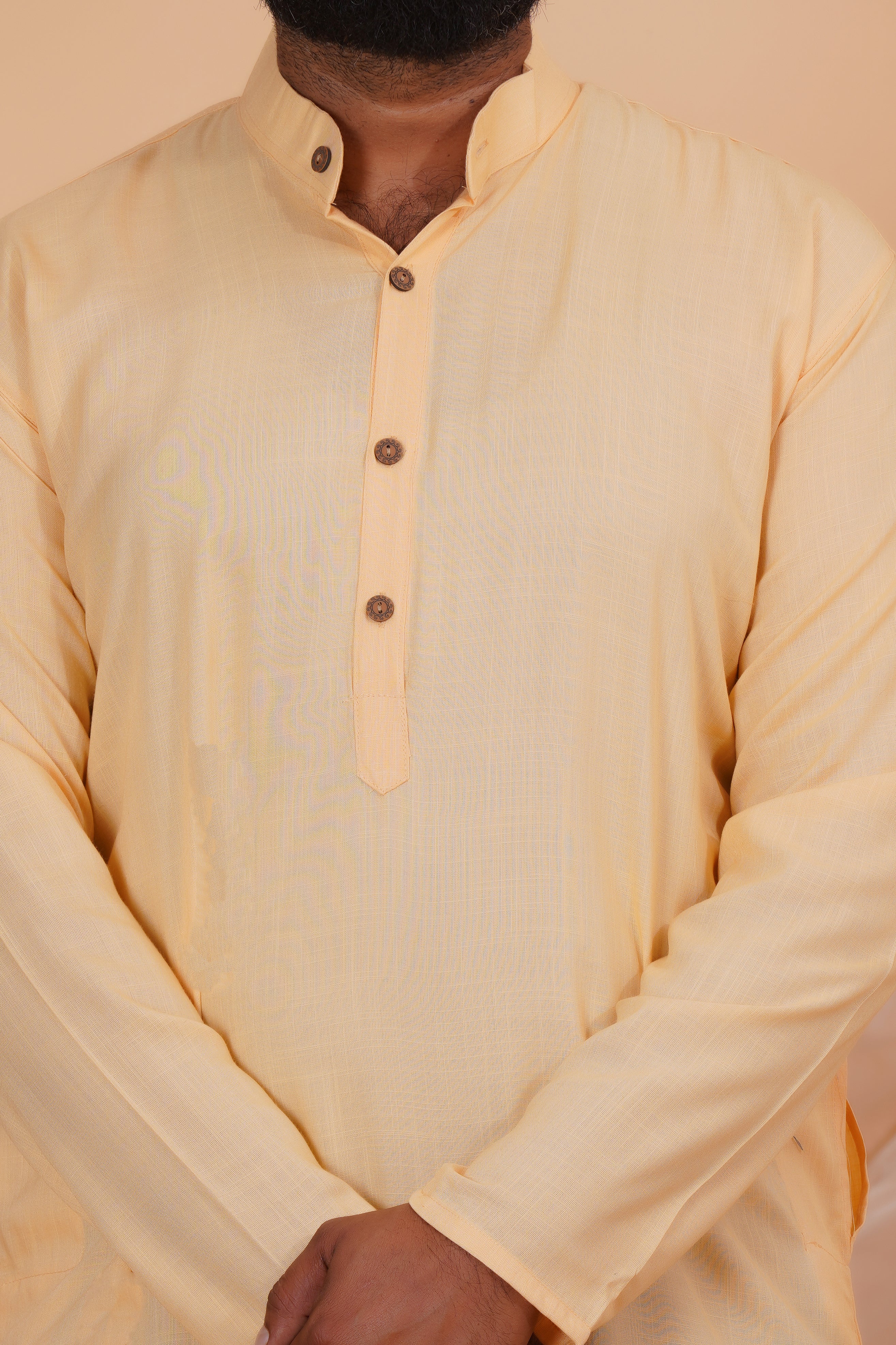 Beige Long Rayon Slub Solid Men's Kurta