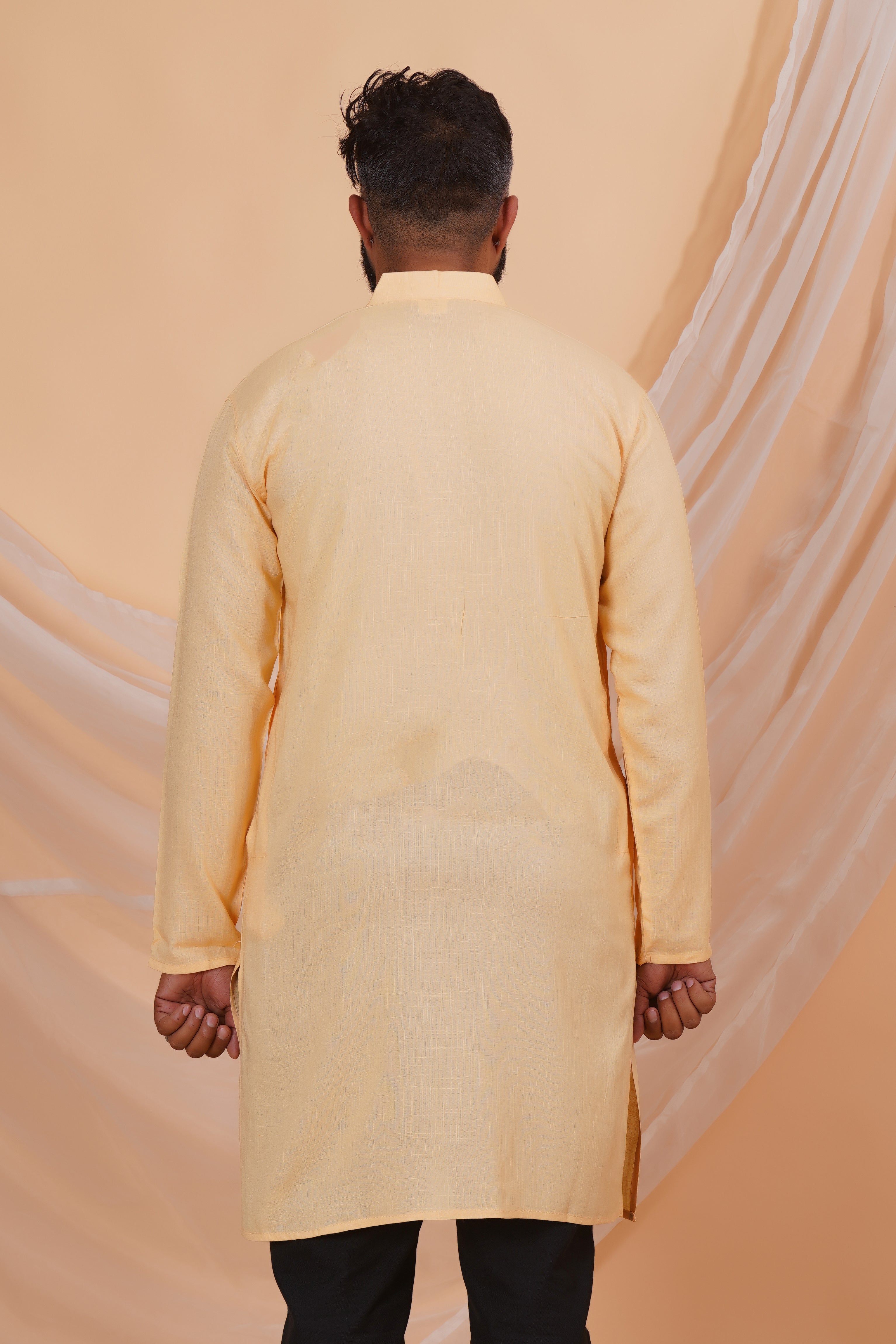 Beige Long Rayon Slub Solid Men's Kurta