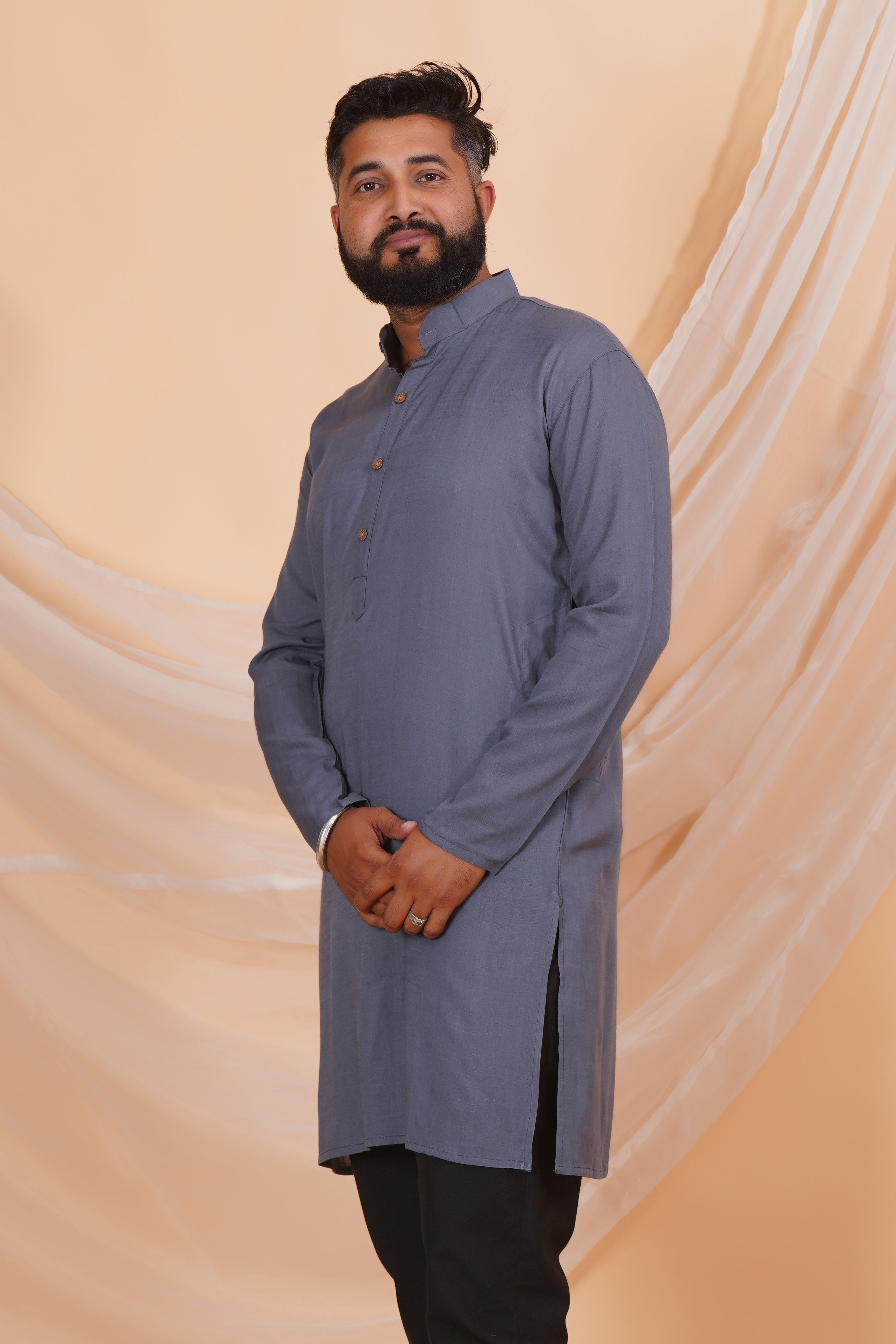 Grey Long Rayon Slub Solid Men's Kurta