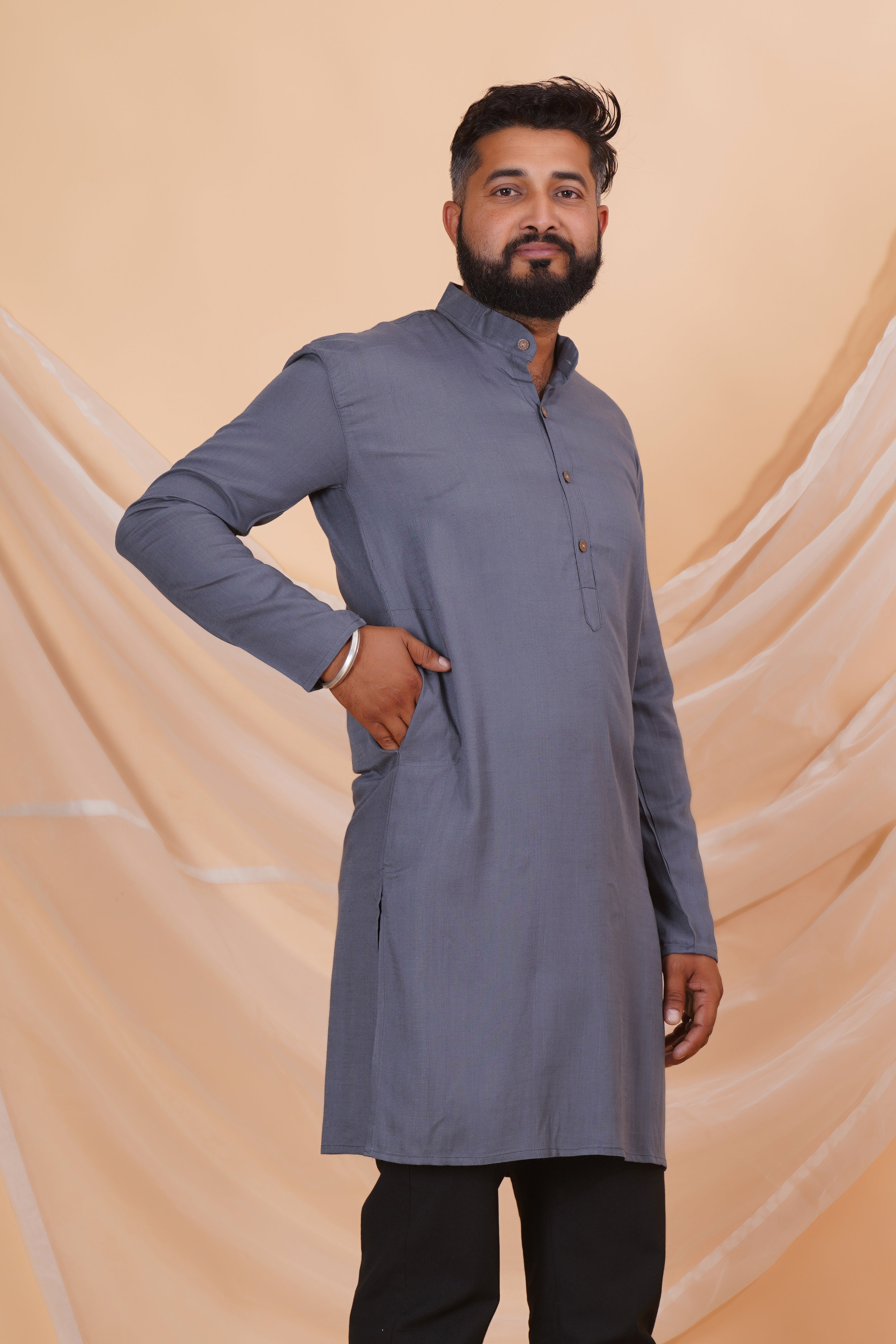 Grey Long Rayon Slub Solid Men's Kurta