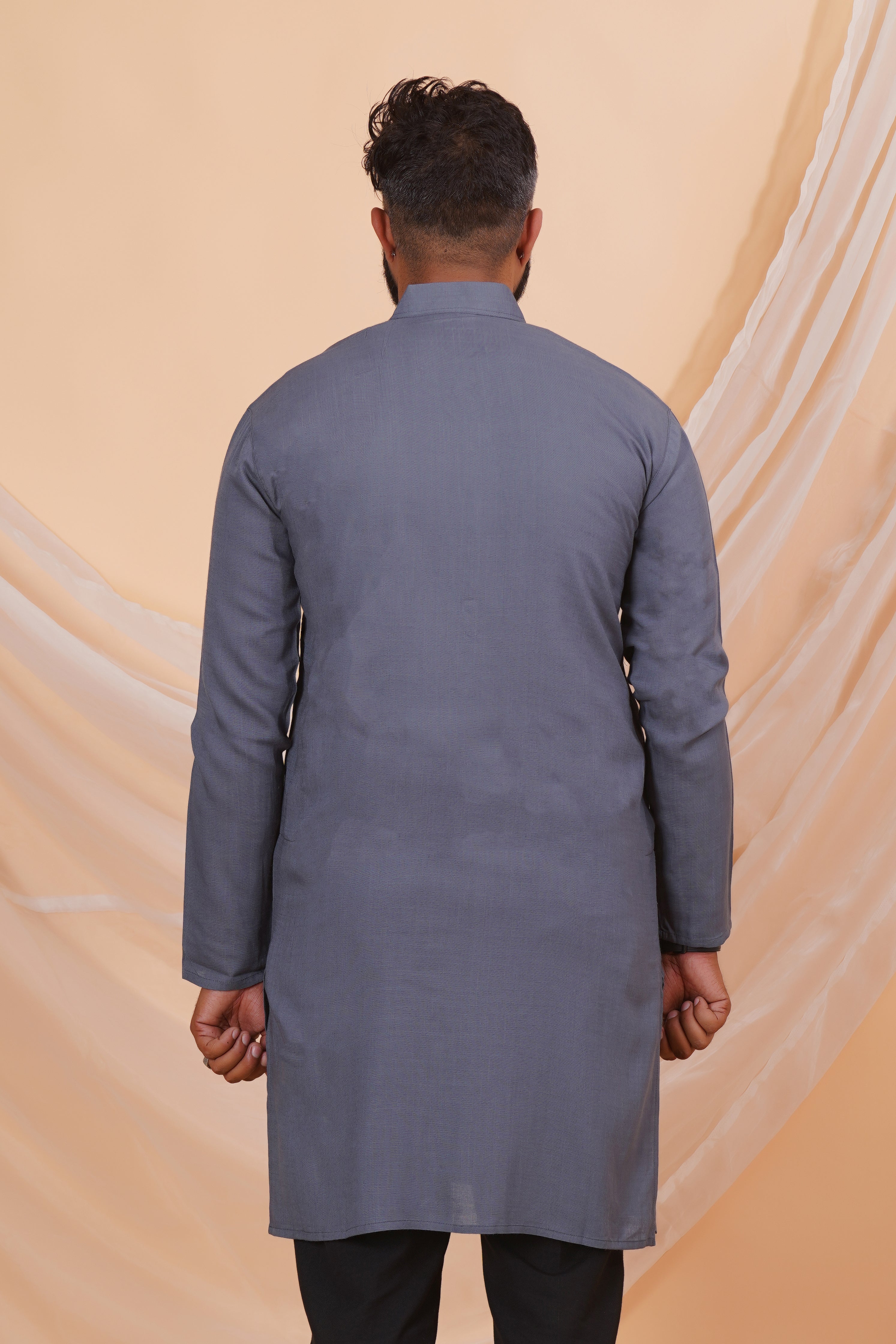 Grey Long Rayon Slub Solid Men's Kurta