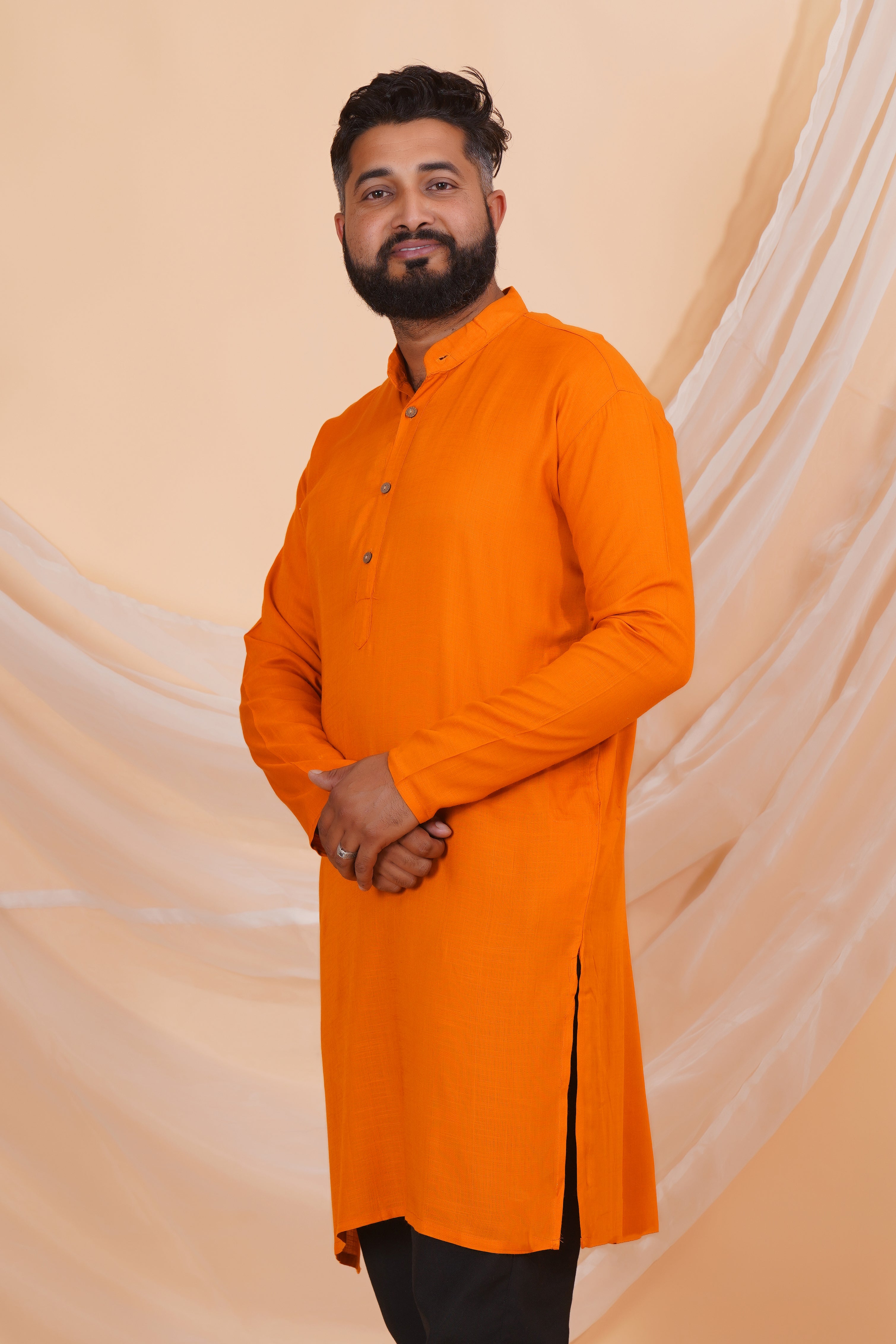 Orange Long Rayon Slub Solid Men's Kurta