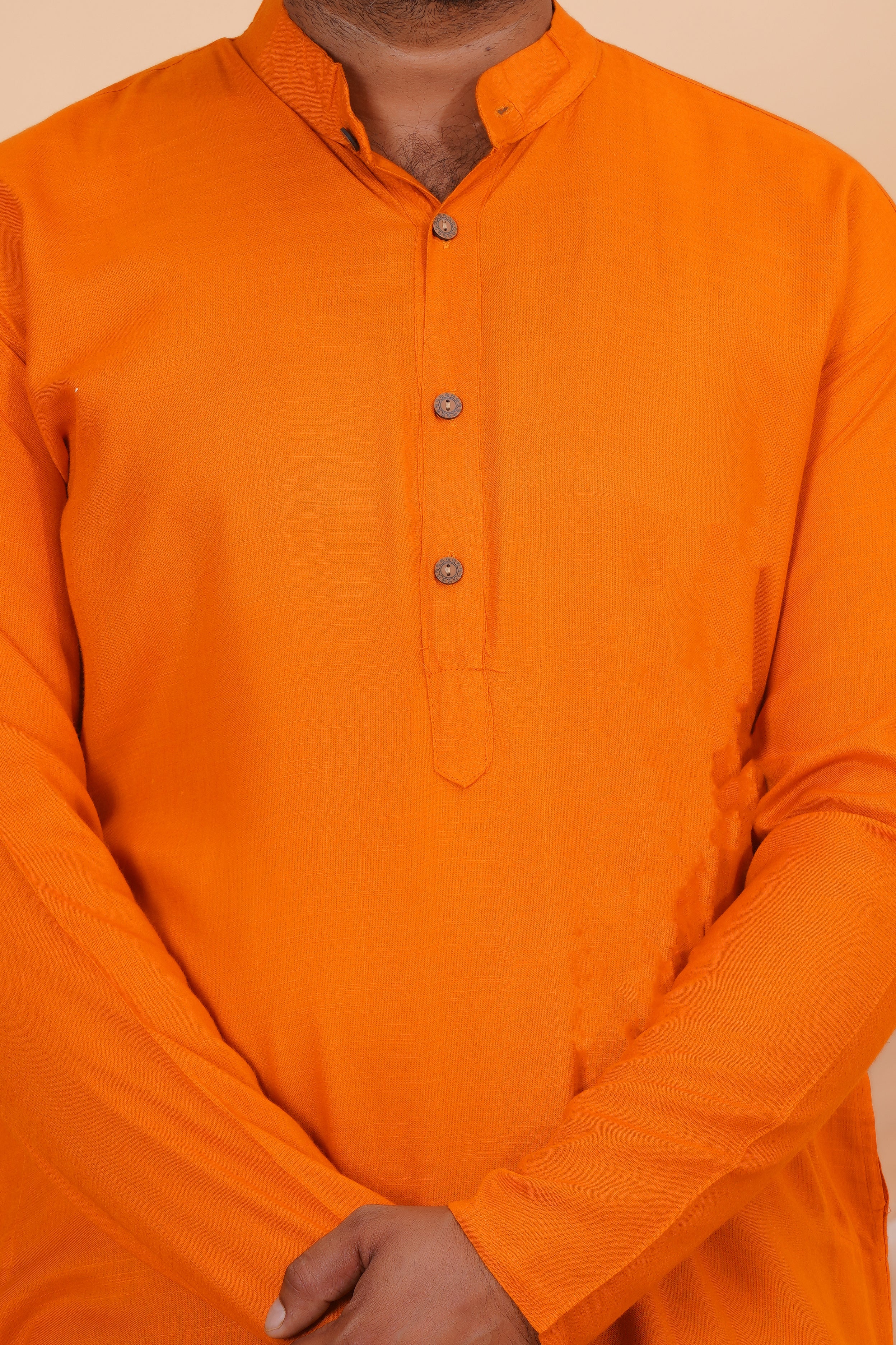 Orange Long Rayon Slub Solid Men's Kurta