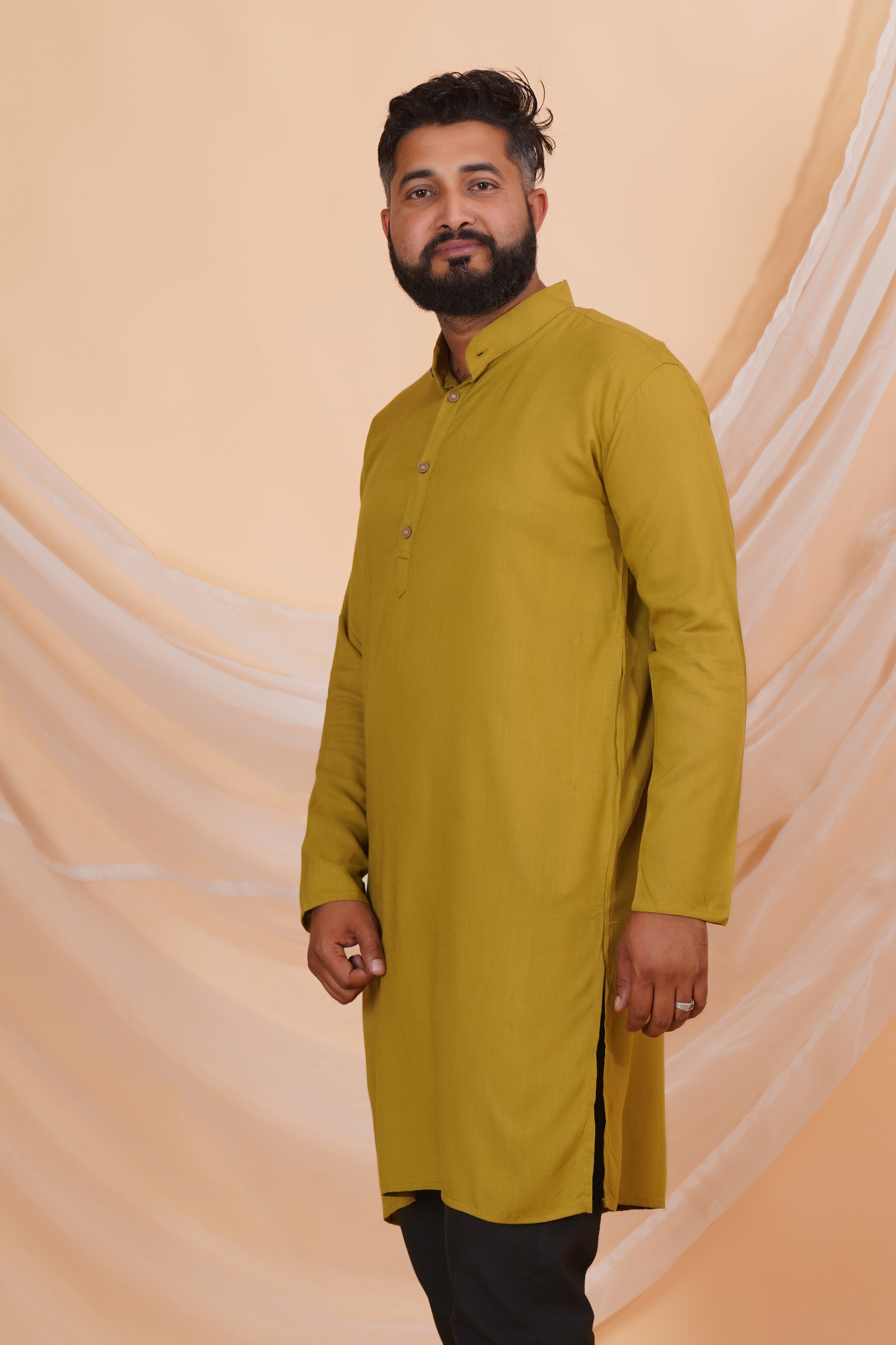 Olive Long Rayon Slub Solid Men's Kurta