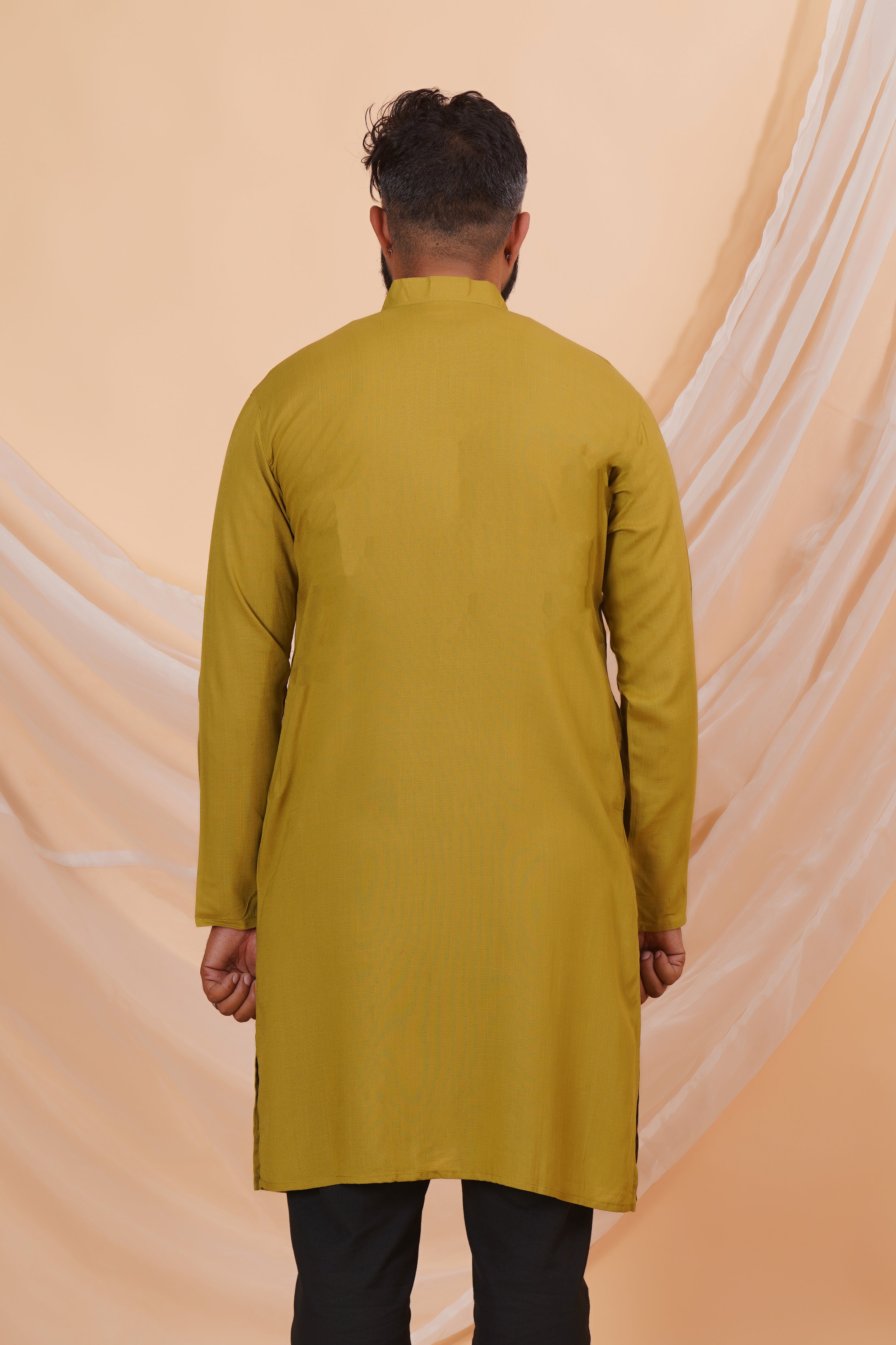 Olive Long Rayon Slub Solid Men's Kurta