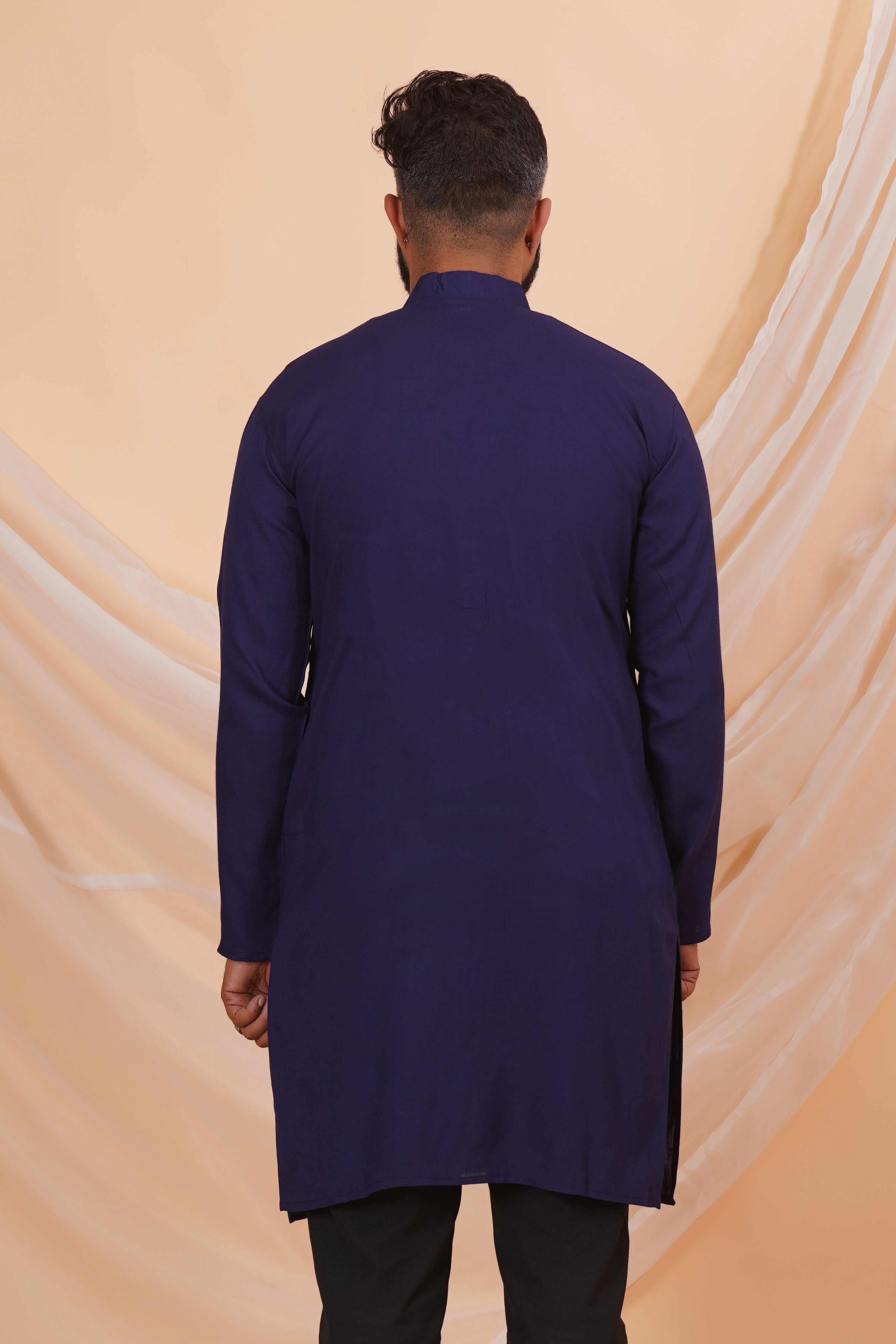 Navy Blue Long Rayon Slub Solid Men's Kurta