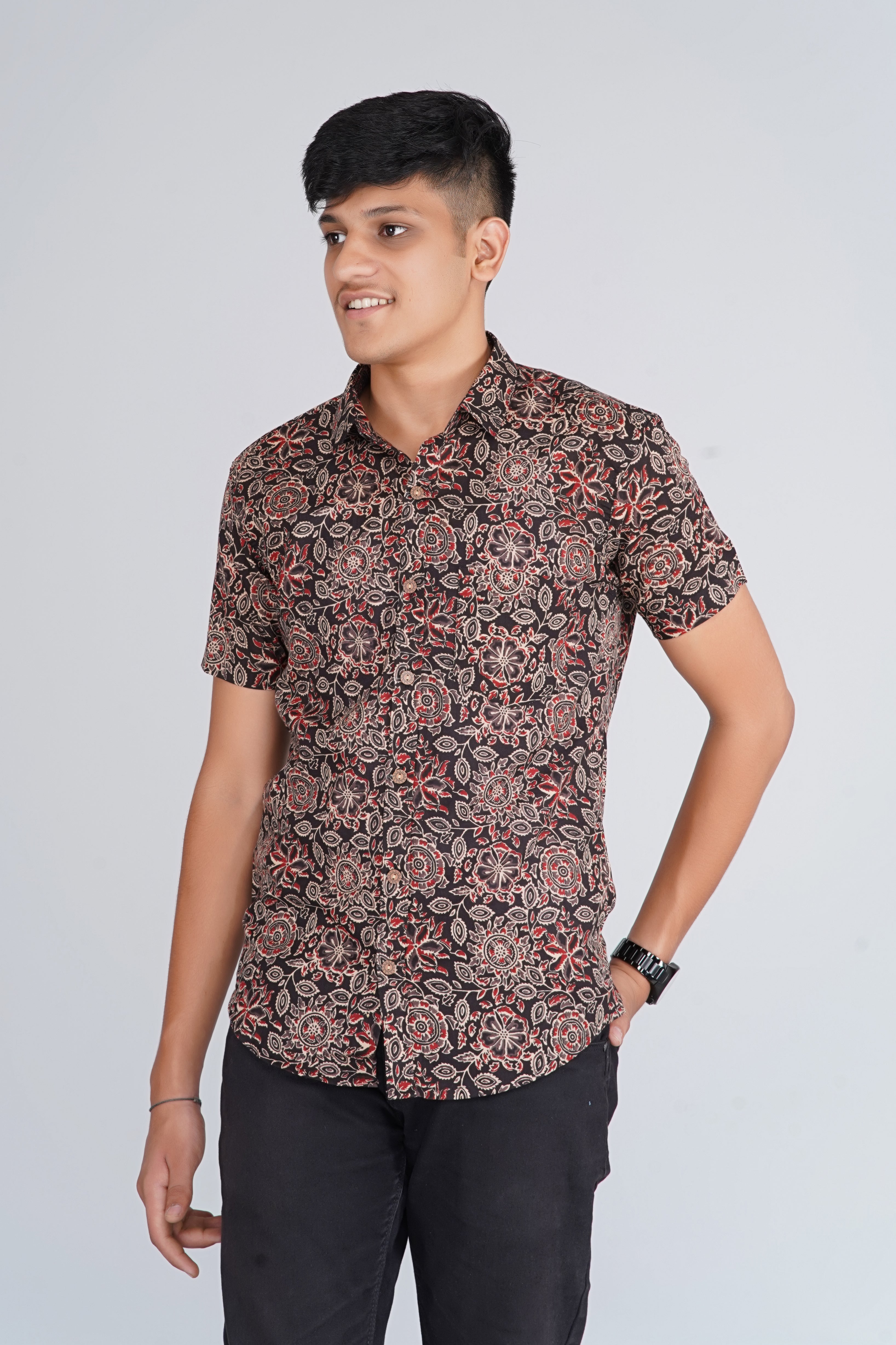 Ajrakh Jaal Half Sleevs Black Shirt