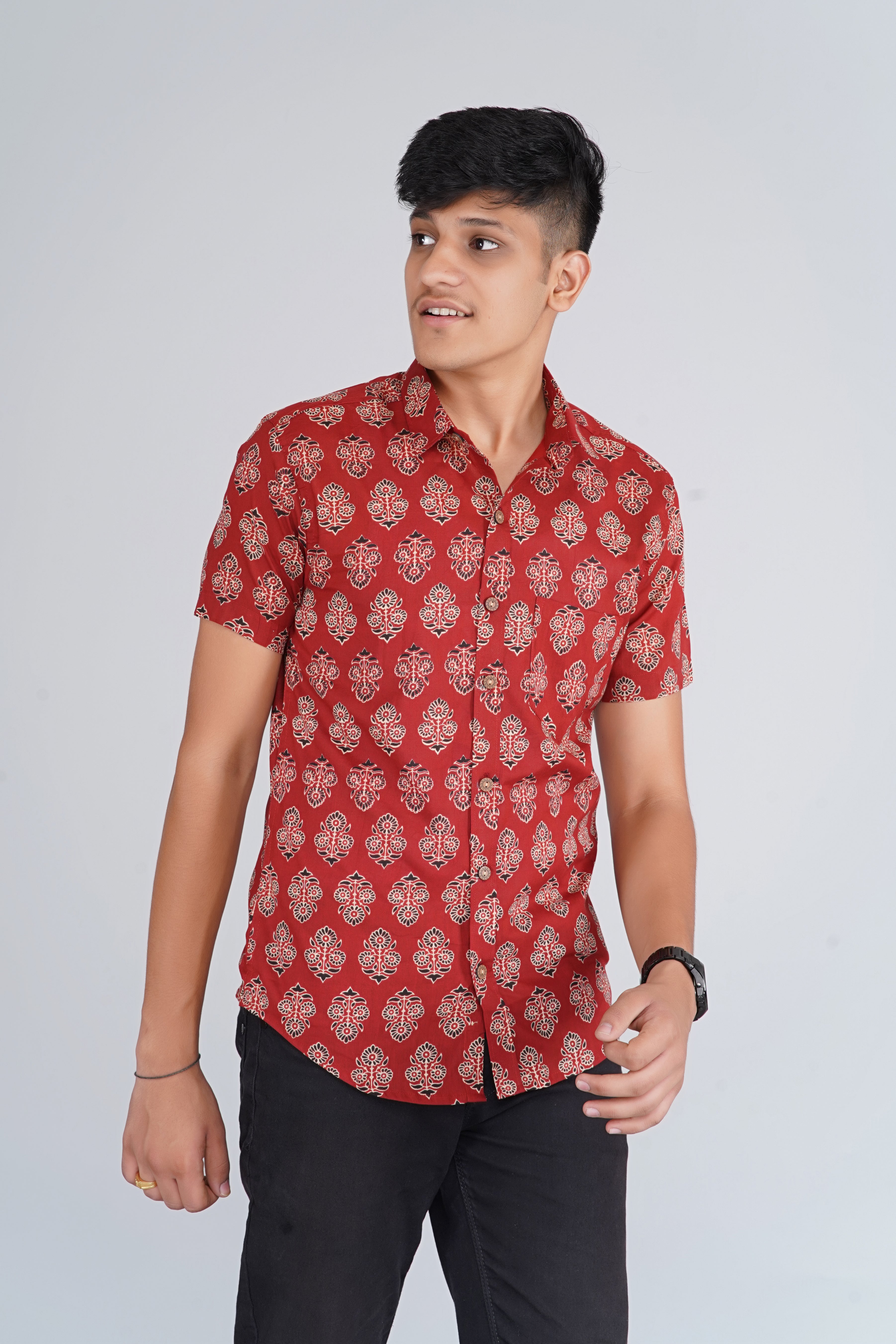 Maroon Ajrakh Butta Half Sleeves Shirt