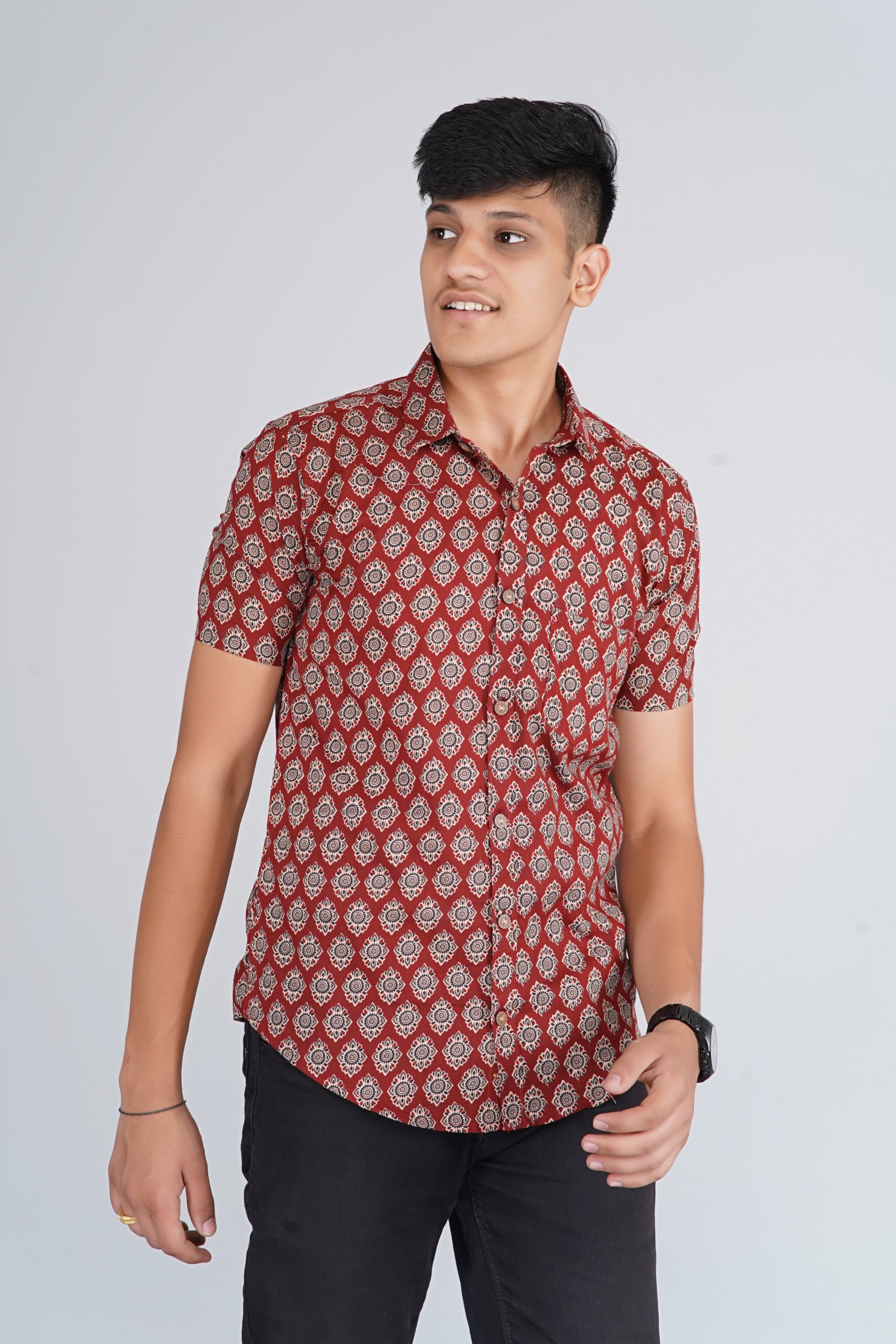 Maroon Ajrakh Tilak Half Sleeves Shirt