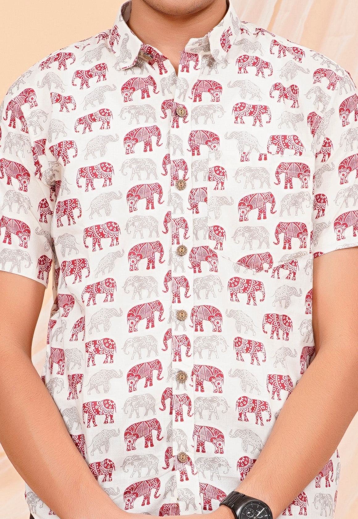Maroon Cream Elephant Half Sleeves Shirt
