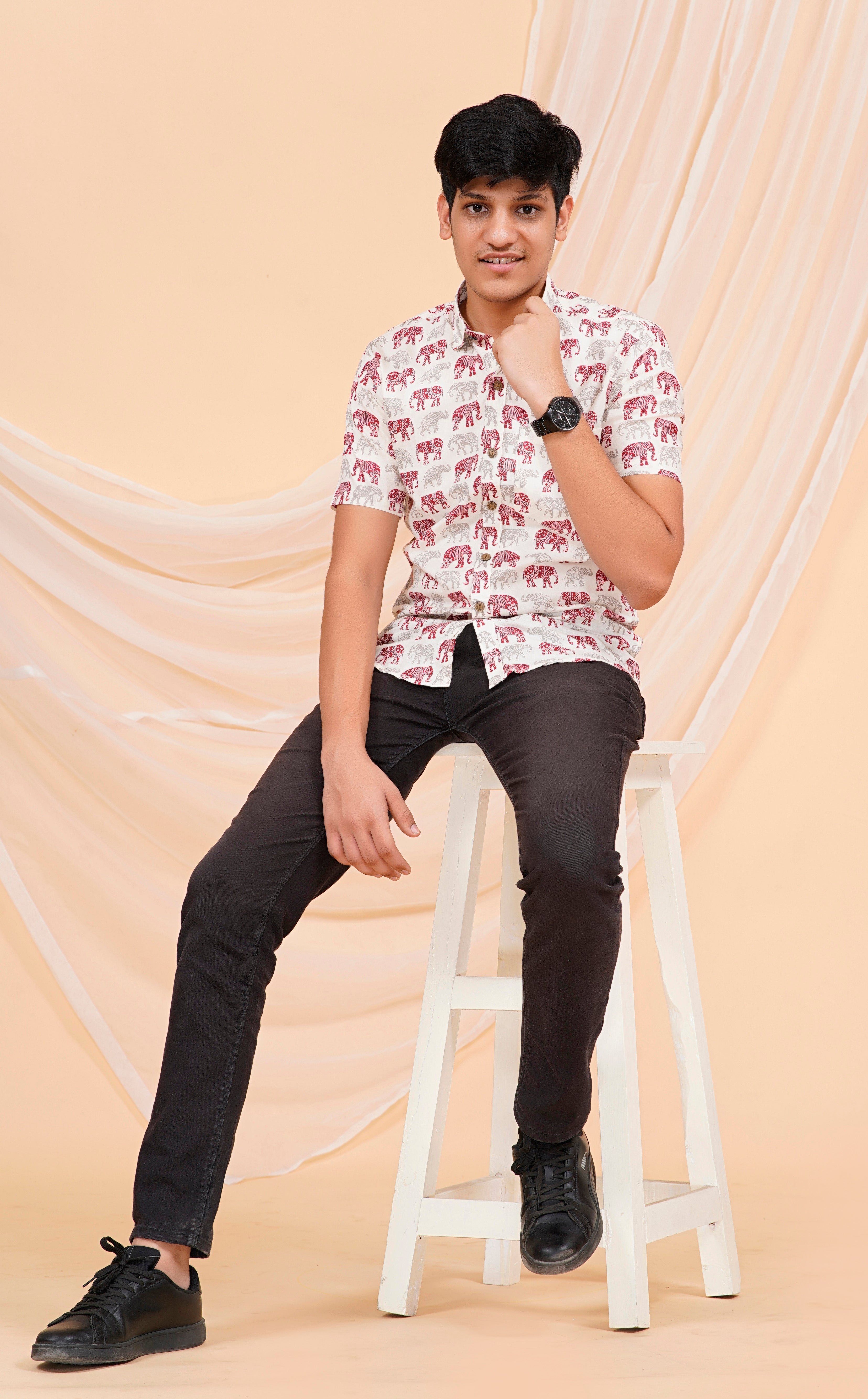 Maroon Cream Elephant Half Sleeves Shirt