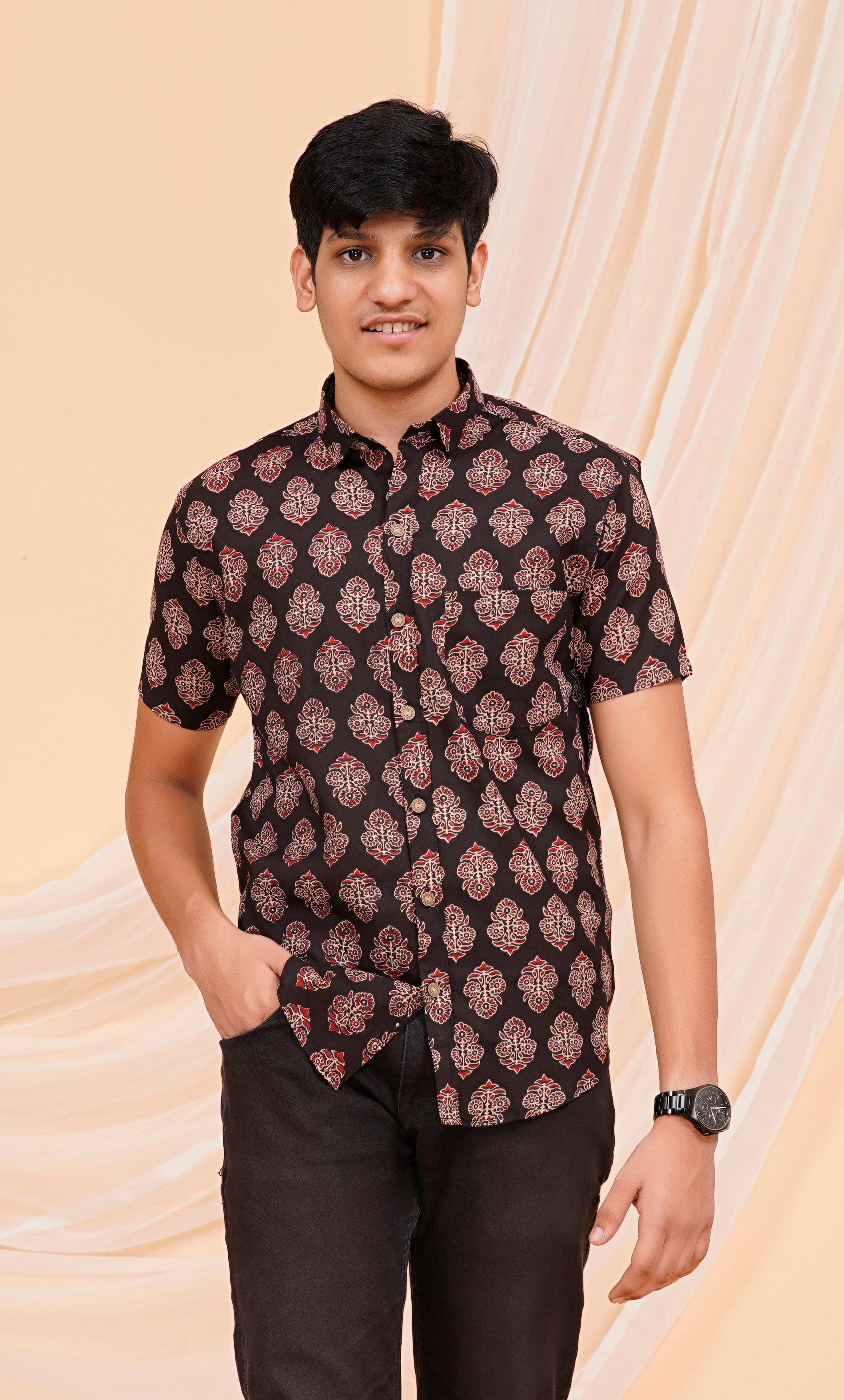 Black Ajrakh Butta Half Sleeves Shirt