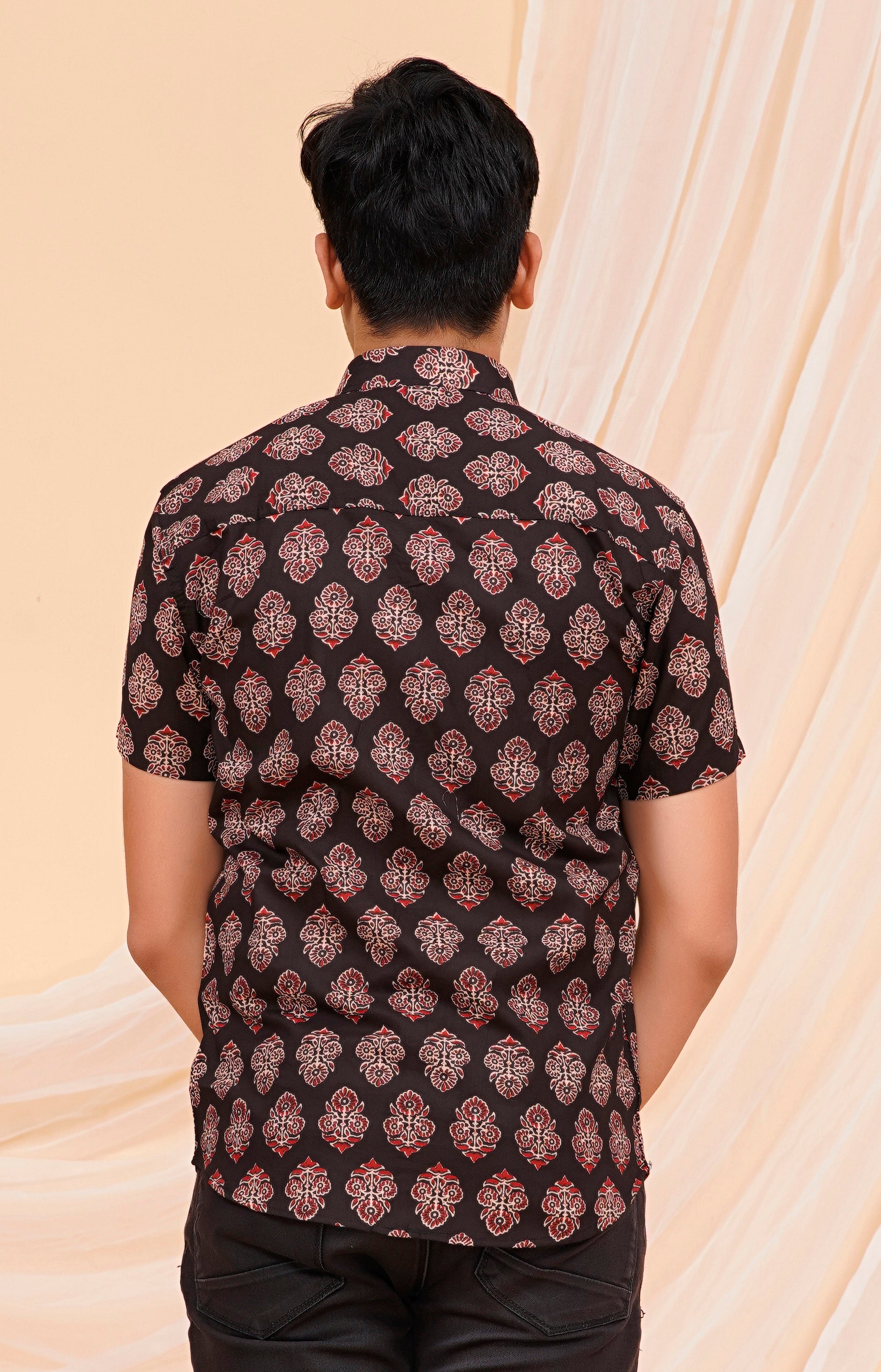 Black Ajrakh Butta Half Sleeves Shirt