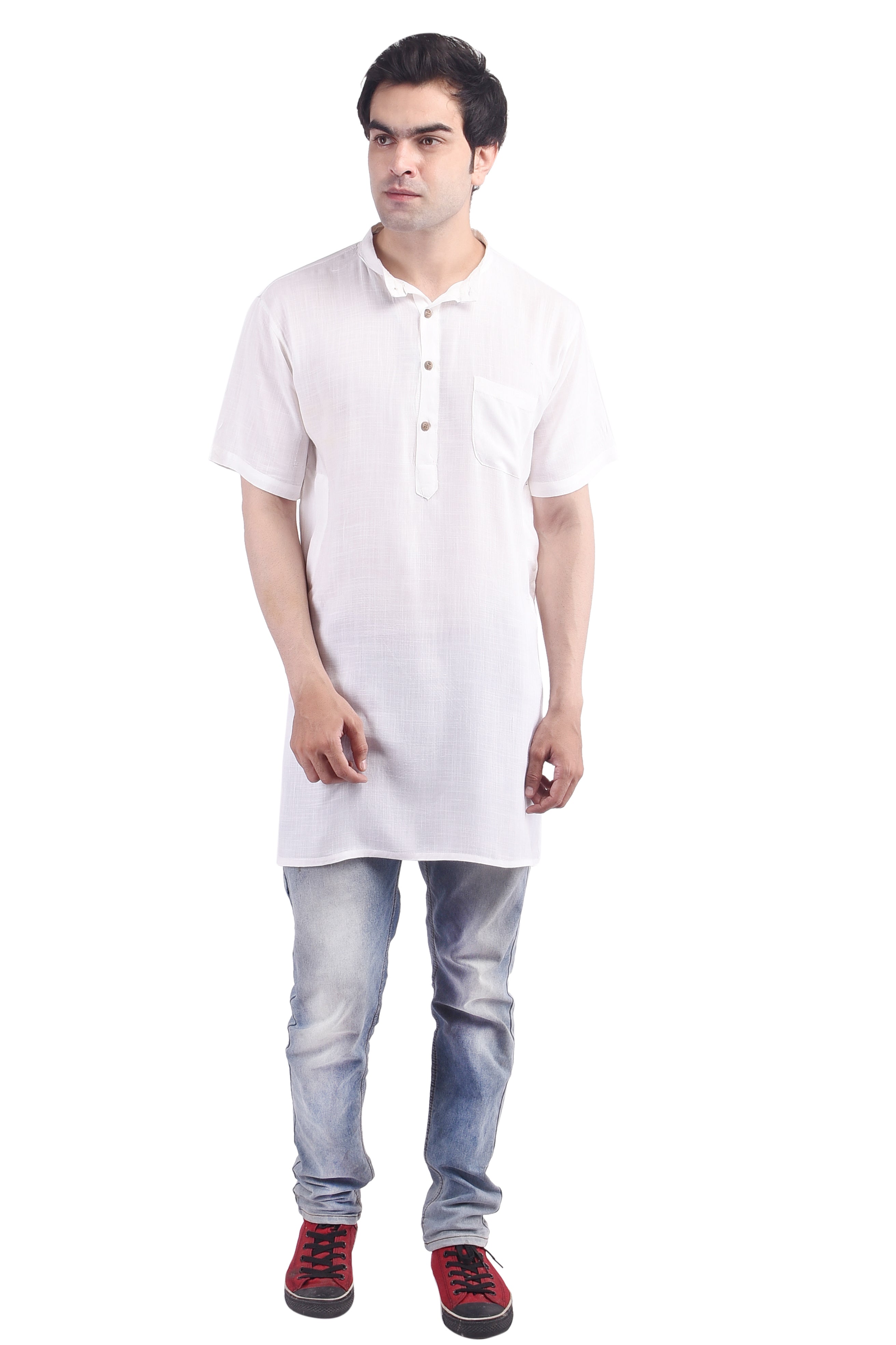 White Short Rayon Slub Solid Men's Modi Kurta