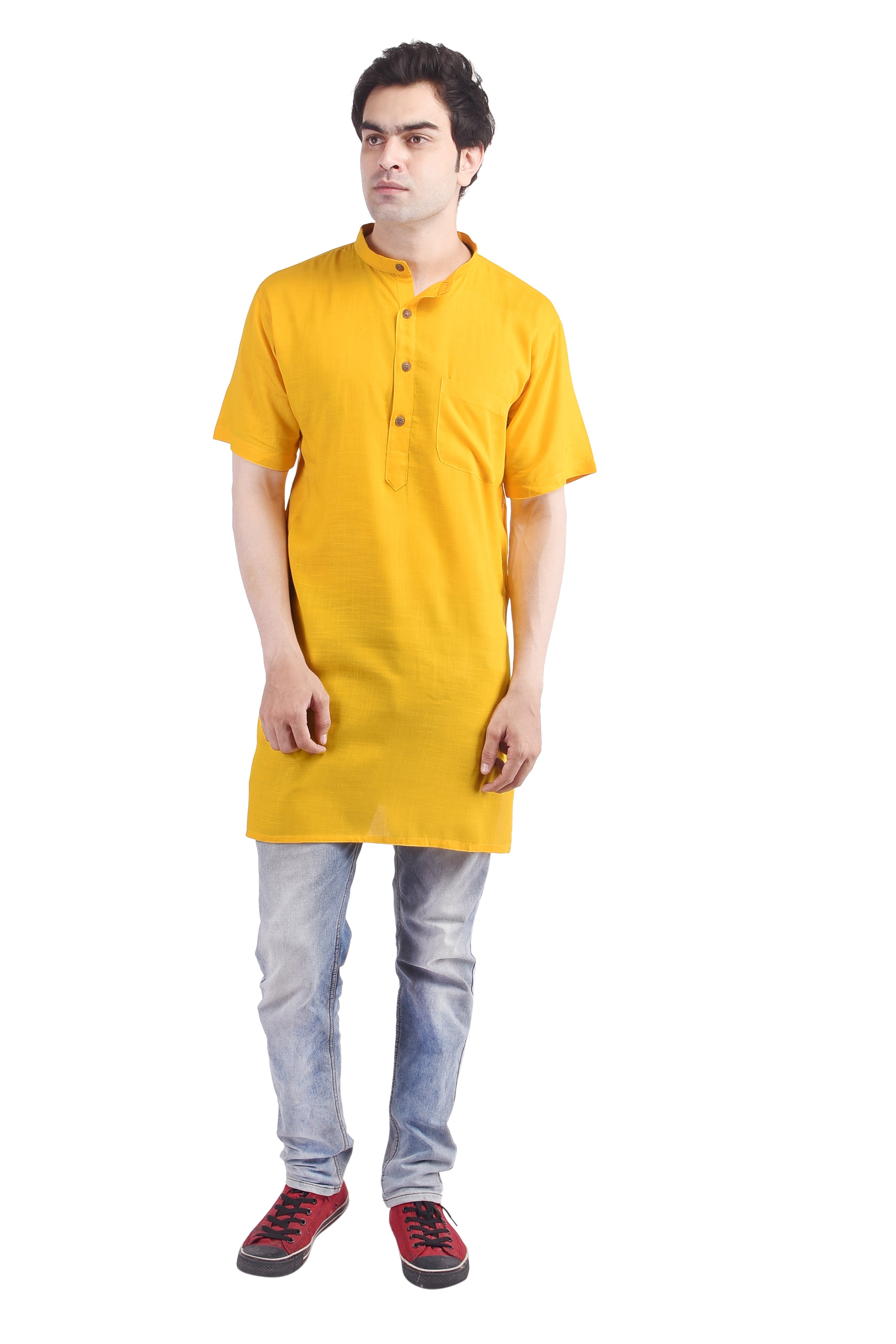 Yellow Short Rayon Slub Solid Men's Modi Kurta