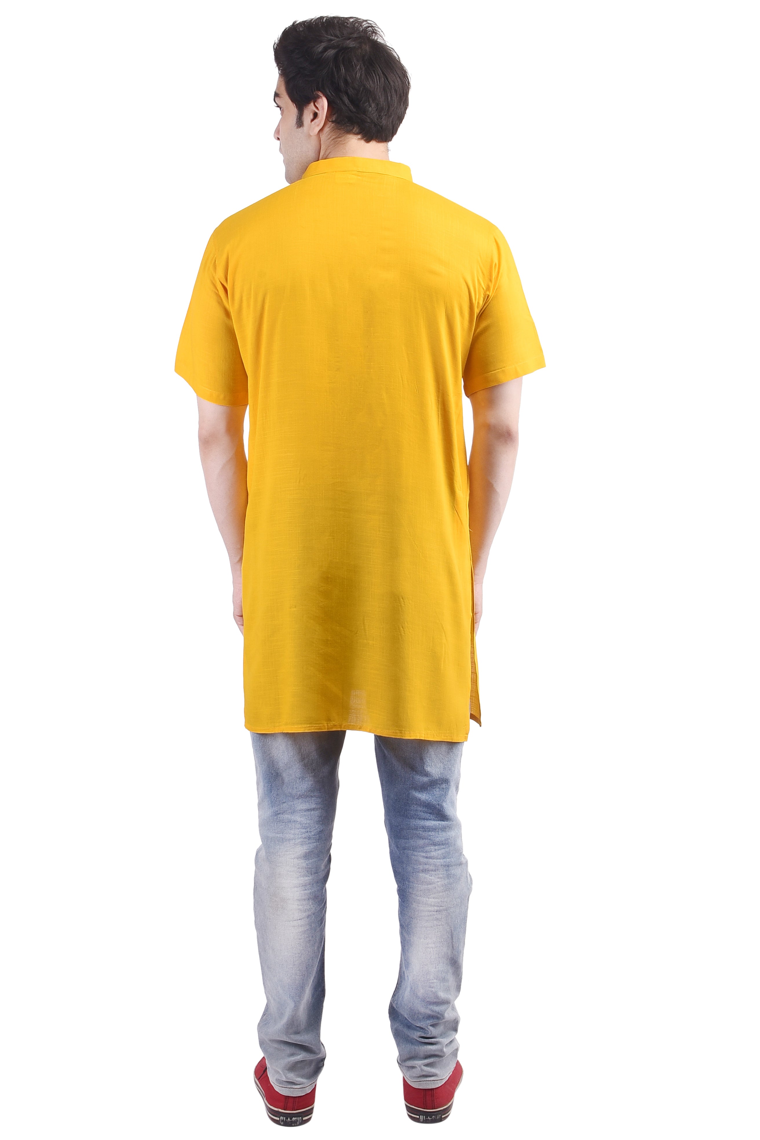 Yellow Short Rayon Slub Solid Men's Modi Kurta