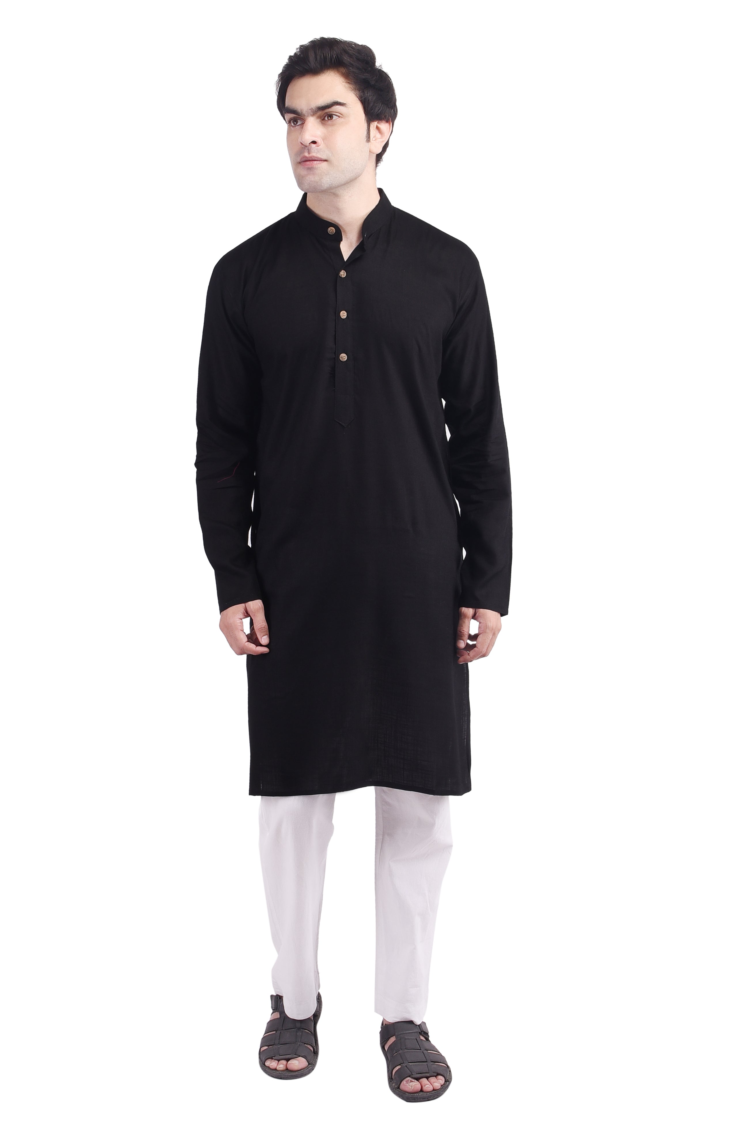 Black Long Rayon Slub Solid Men's Kurta