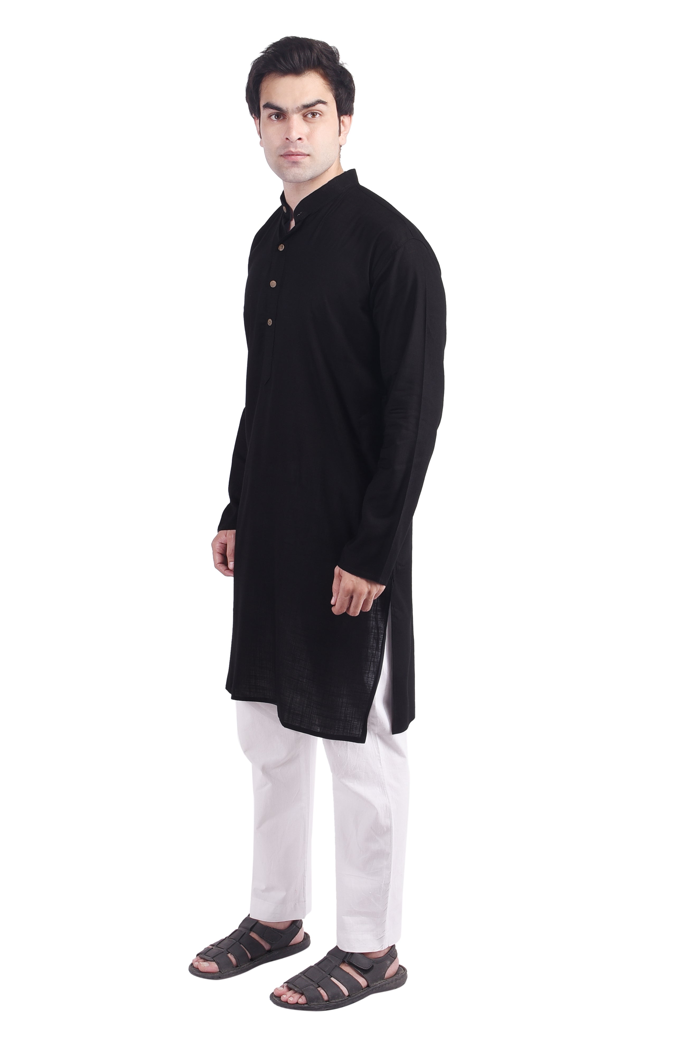 Black Long Rayon Slub Solid Men's Kurta