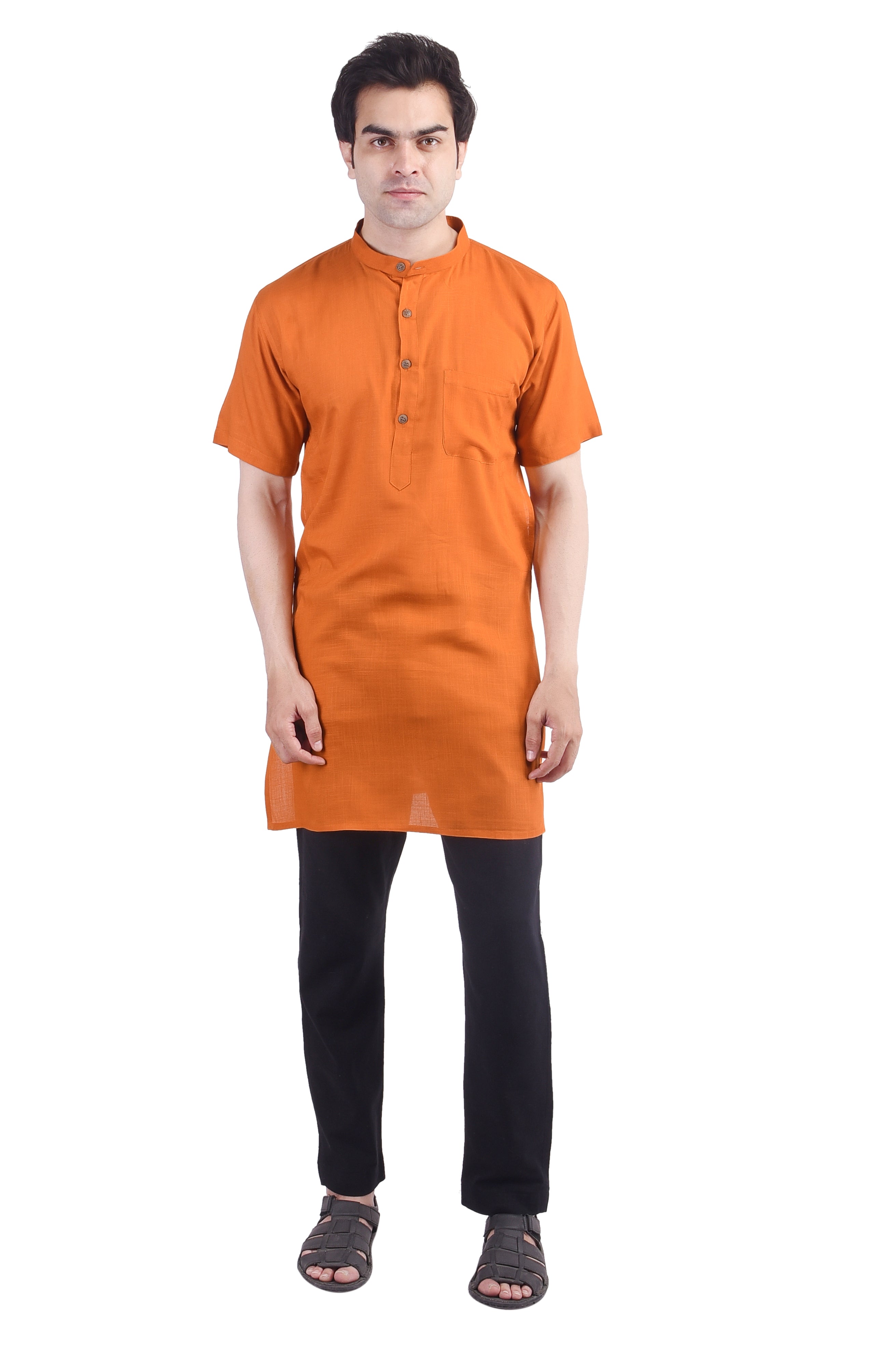 Orange Short Rayon Slub Solid Men's Modi Kurta