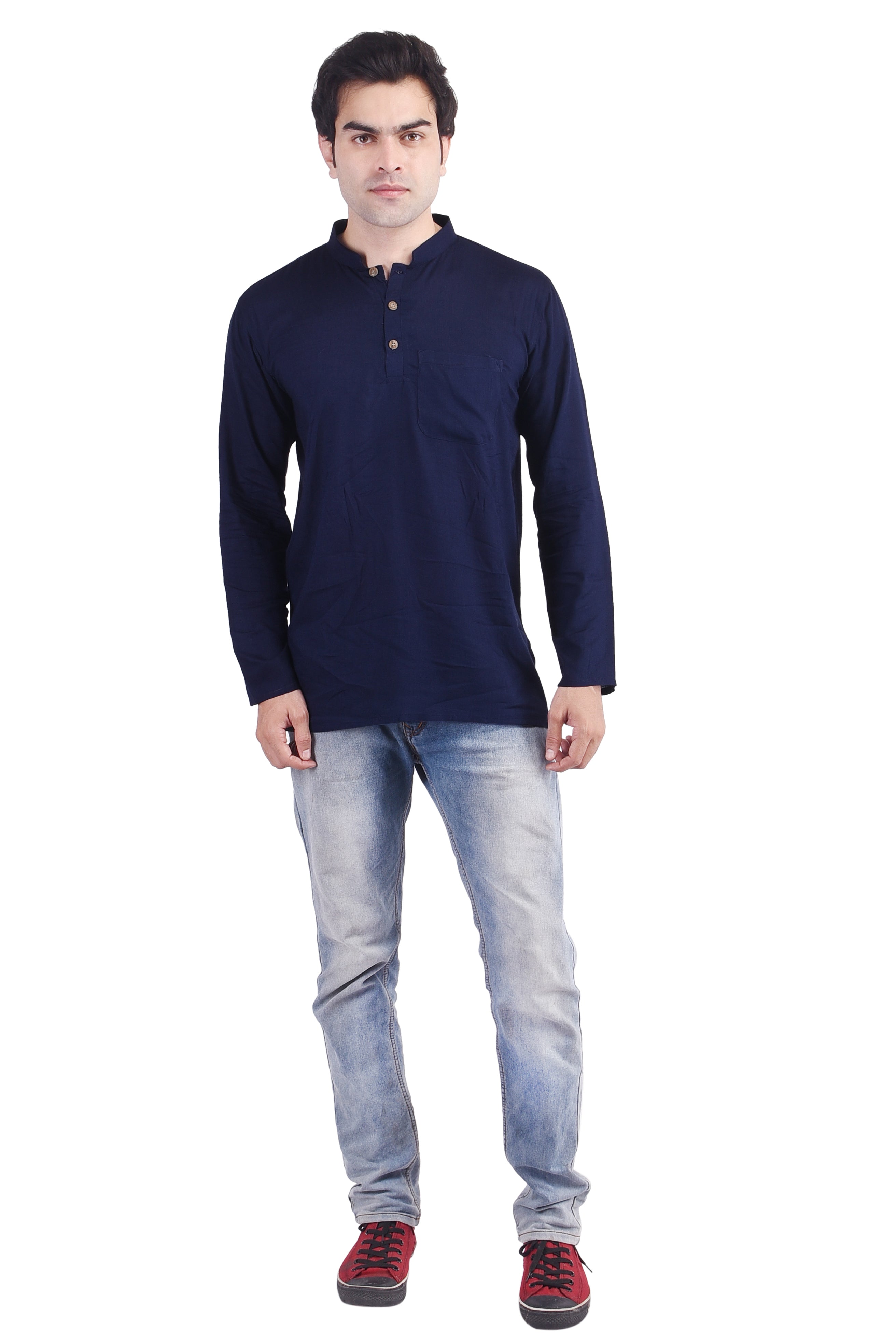 Navy Blue Short Rayon Slub Solid Men's Kurta