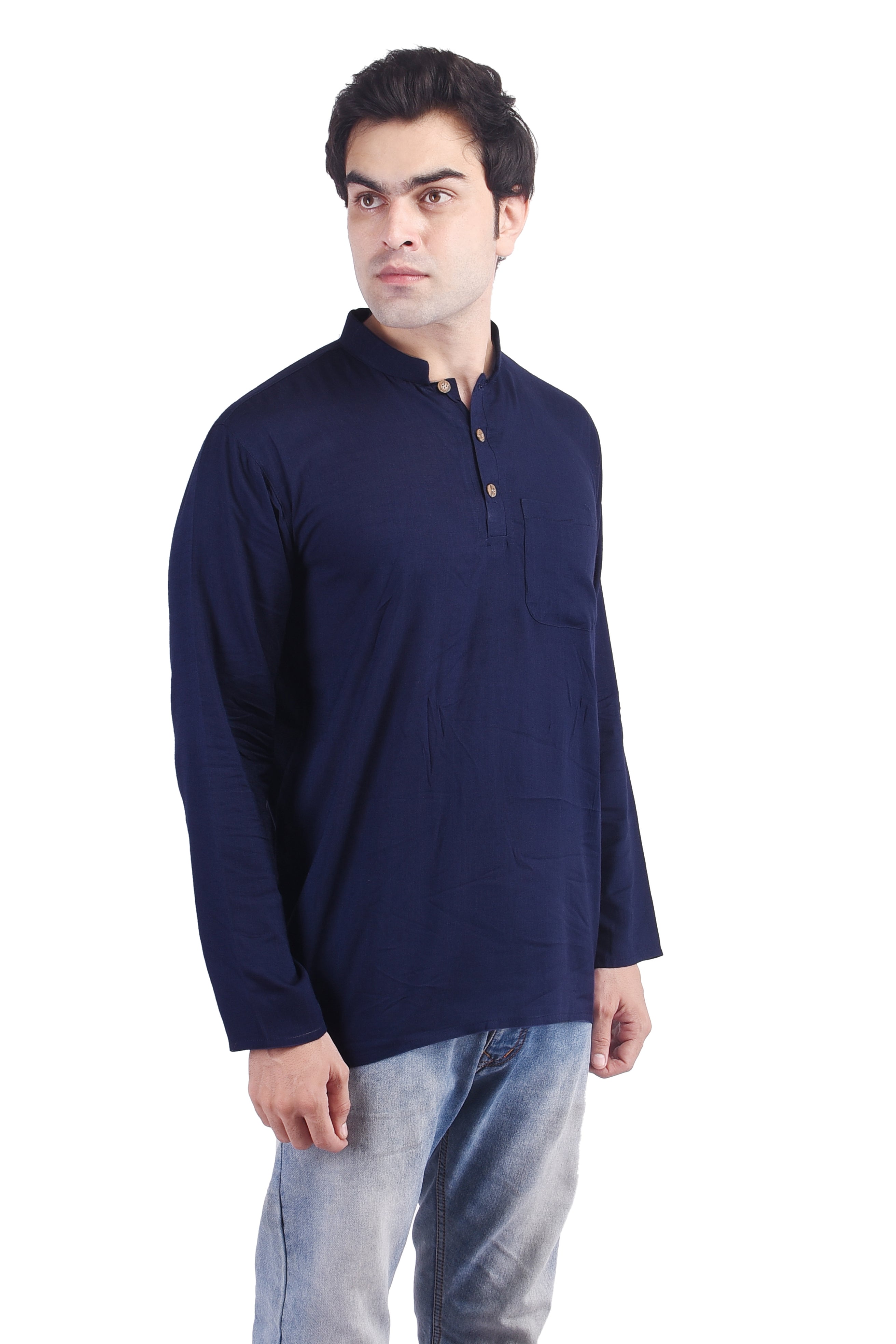 Navy Blue Short Rayon Slub Solid Men's Kurta