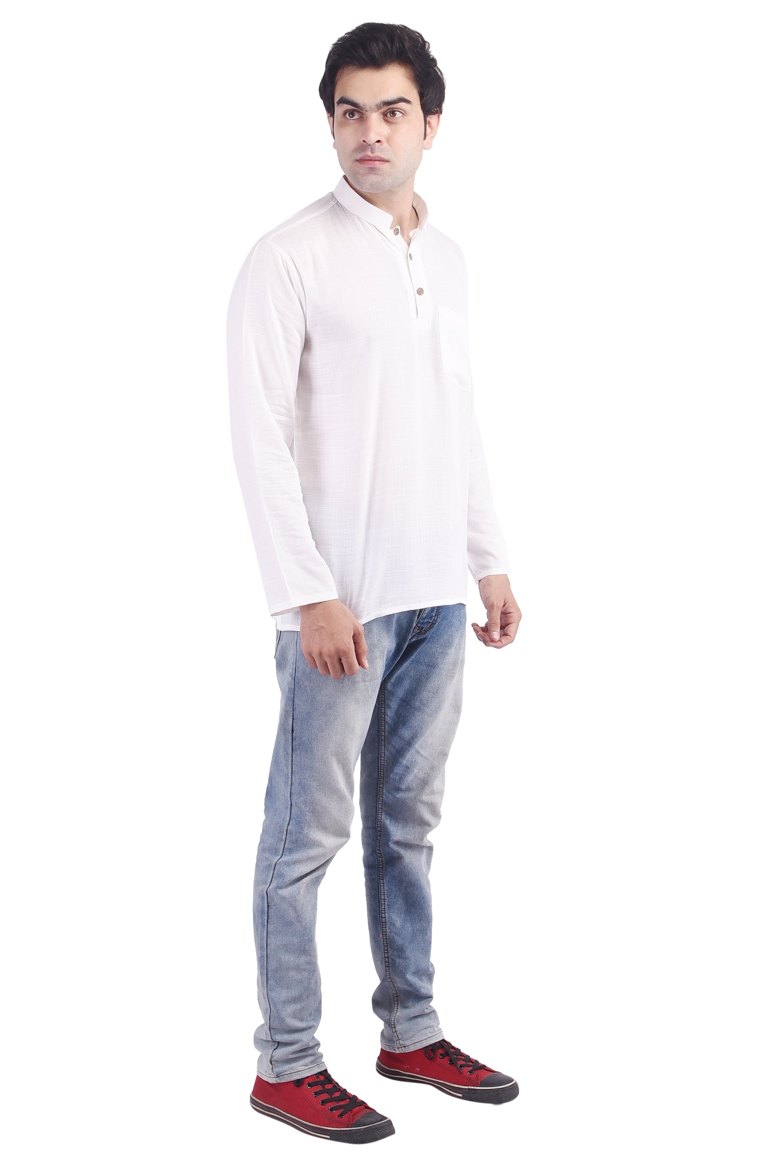 White Short Rayon Slub Solid Men's Kurta