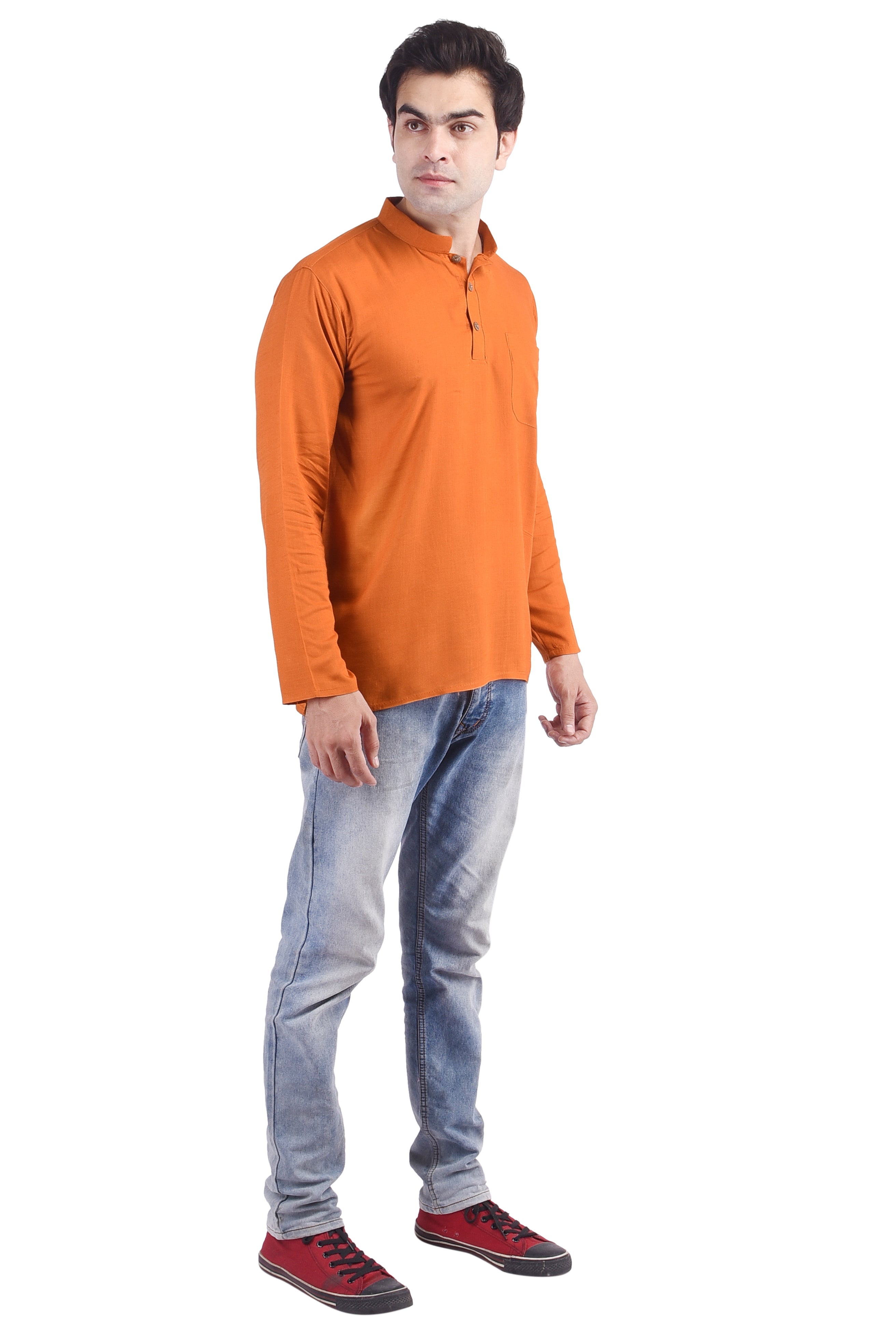 Orange Short Rayon Slub Solid Men's Kurta