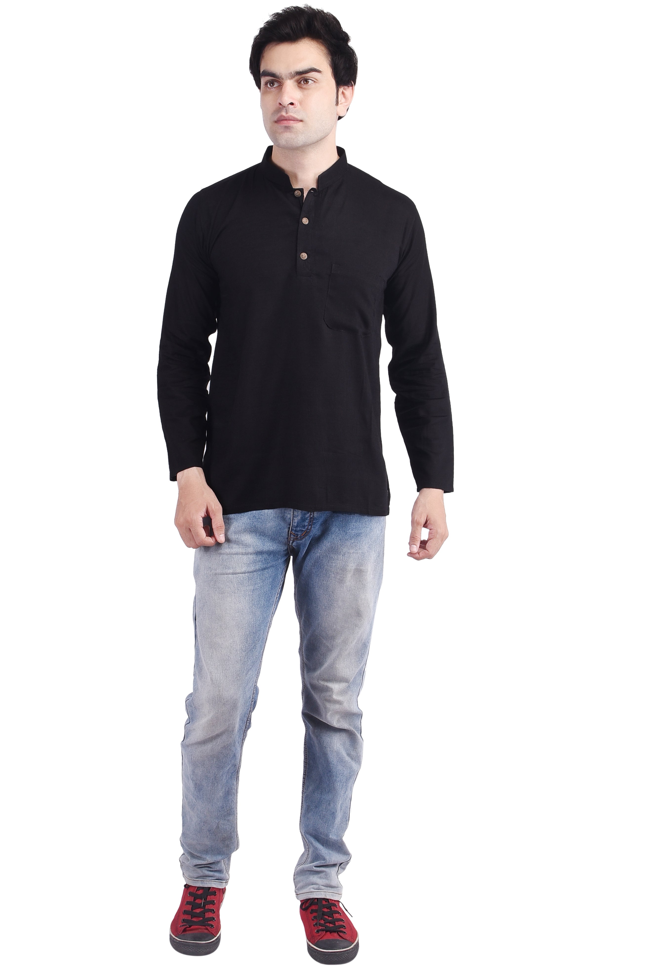 Black Short Rayon Slub Solid Men's Kurta